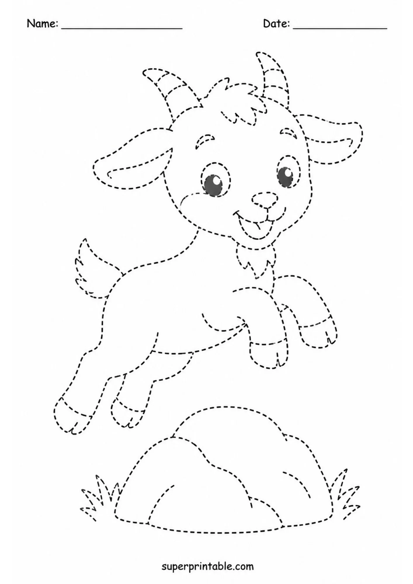 Line art printable tracing sheet featuring a playful baby goat leaping over a dashed rock mound surrounded by small grass tufts.