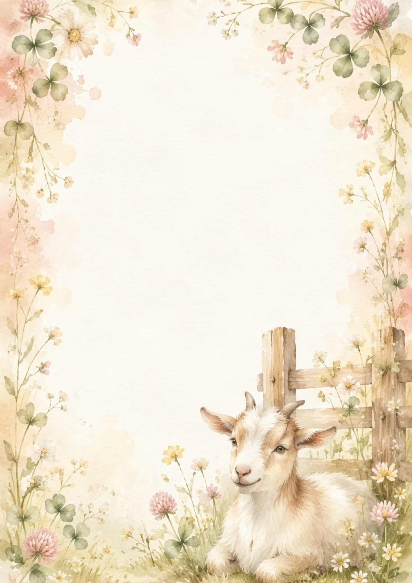 A young goat lies beside a rustic wooden fence surrounded by pink clover blossoms.