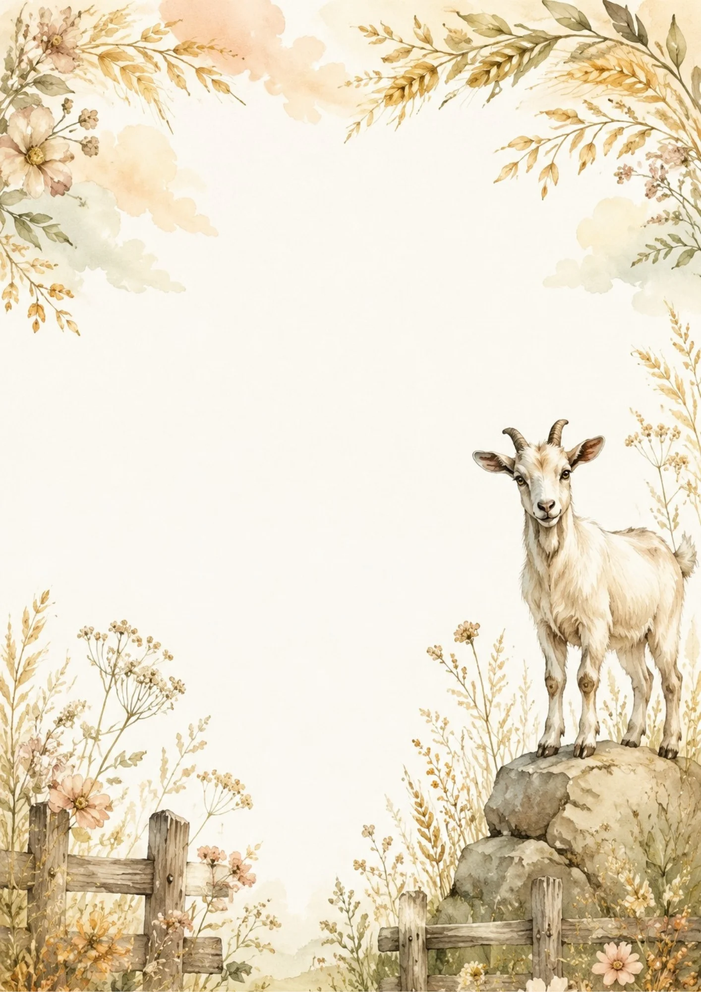 A white goat stands atop a stone boulder beside golden wheat stalks and wild grasses.