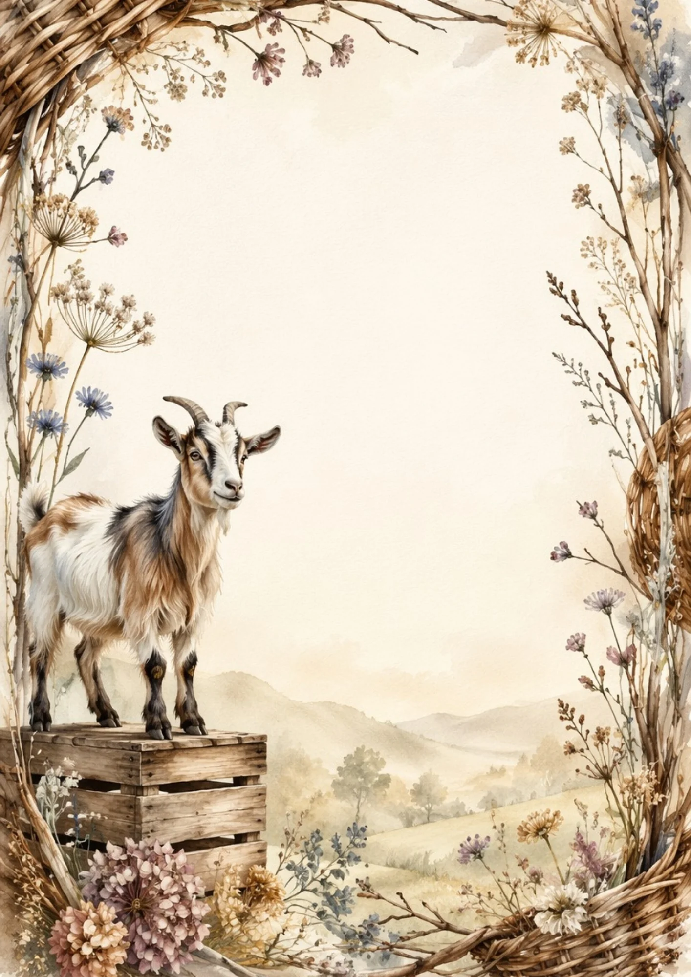A spotted goat stands on a wooden crate inside a rustic branch frame.