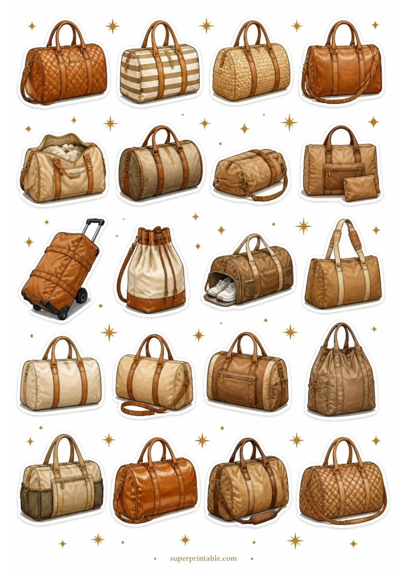 A sheet of 20 duffle bag stickers in warm gold, tan, and camel brown colors, featuring leather and woven patterns.