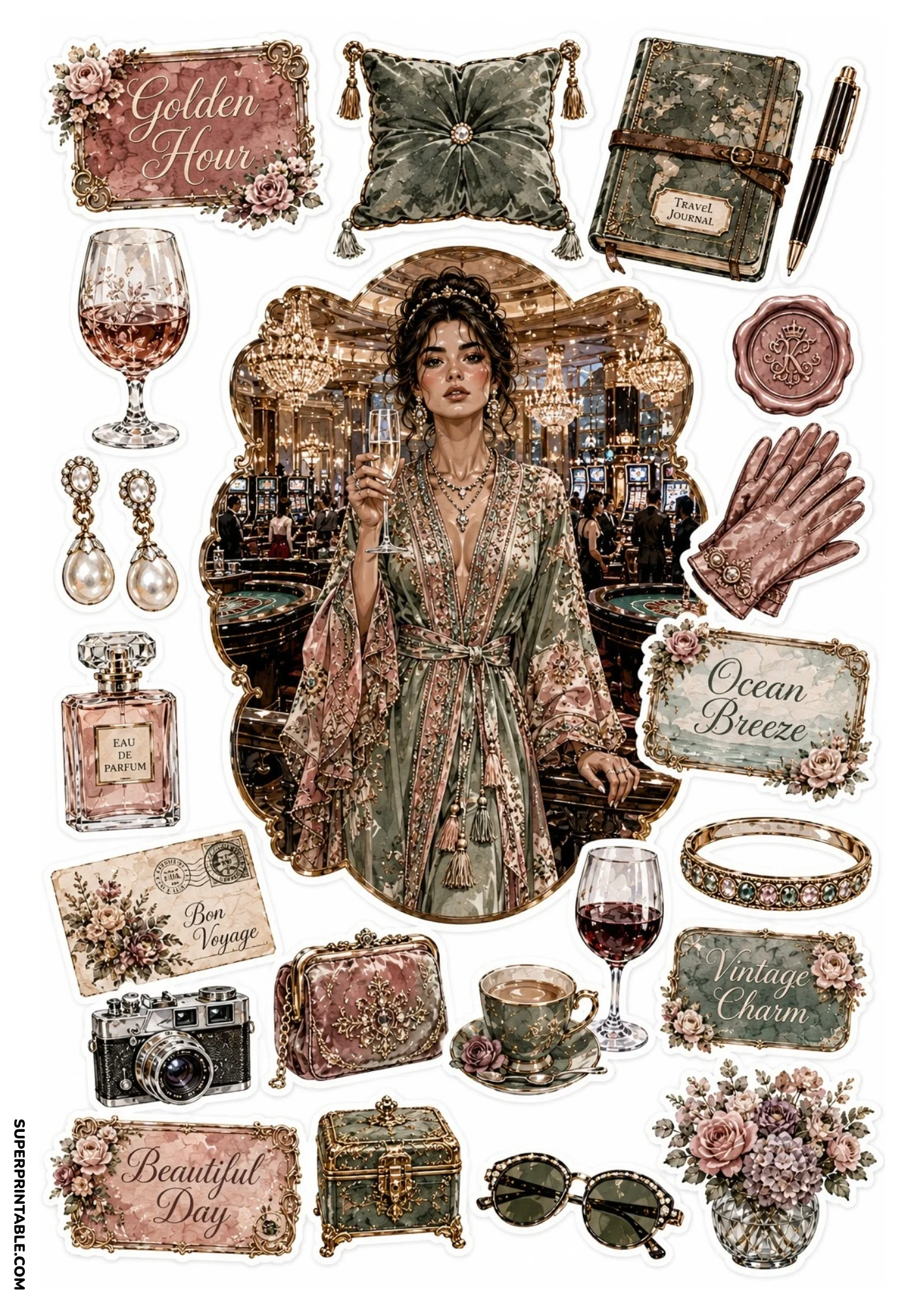 Printable sticker sheet showing a woman in a green embroidered gown sipping champagne in an opulent casino room, alongside vintage cameras, travel journals, and floral arrangements.