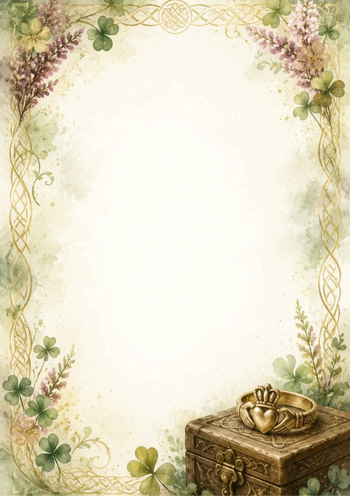 A watercolor writing page depicting a gold Celtic Claddagh ring on a carved wooden chest, with shamrocks and purple heather.