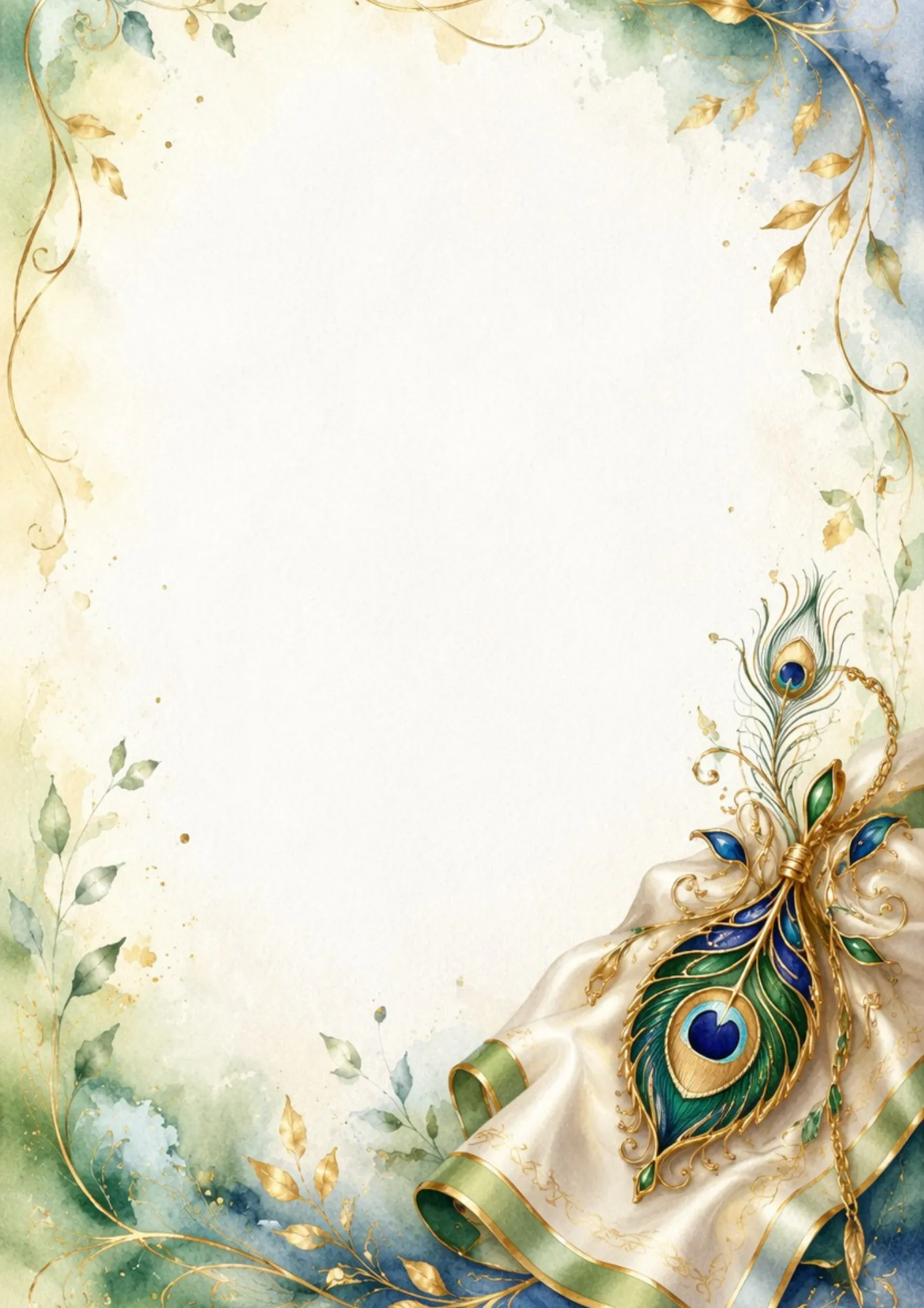 A luxurious writing page featuring a gold peacock feather pendant set with blue sapphires and emeralds, resting on white silk with feathers.