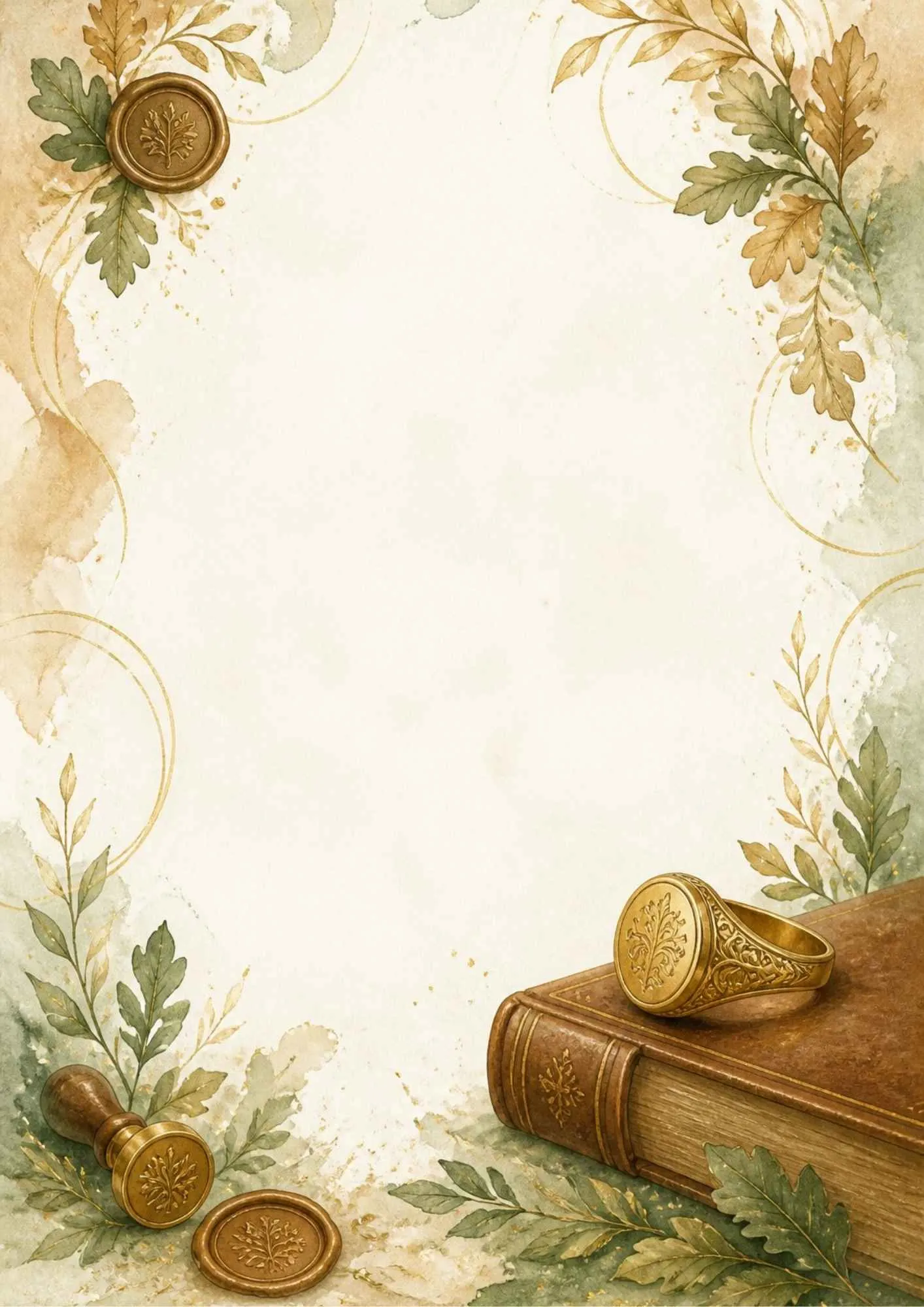 A watercolor writing page depicting a gold signet ring with a tree crest on an antique leather book, with wax seals.