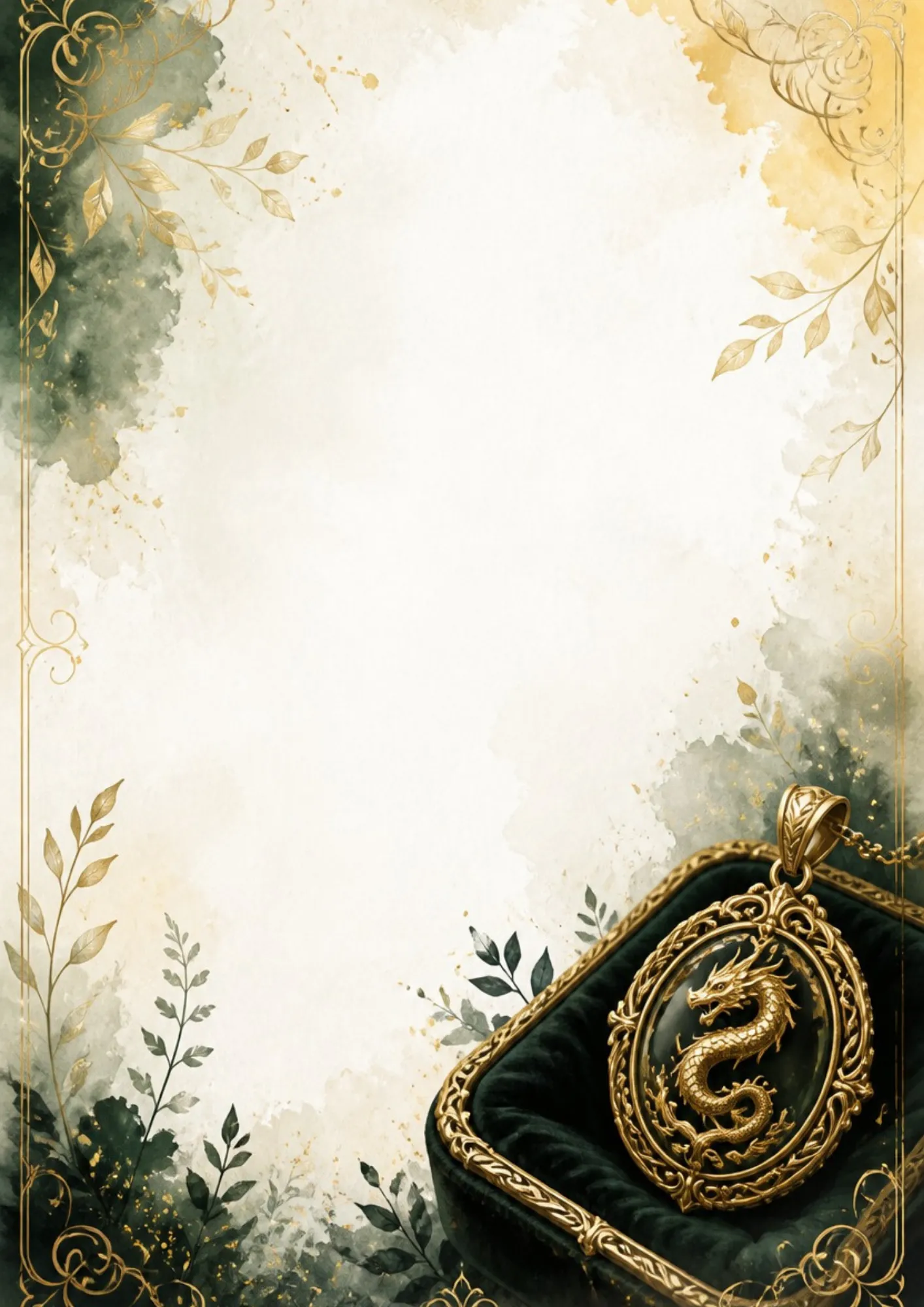 A rich green writing page featuring a gold dragon profile pendant in a filigree frame, resting on dark green velvet with gold leaf sprays.