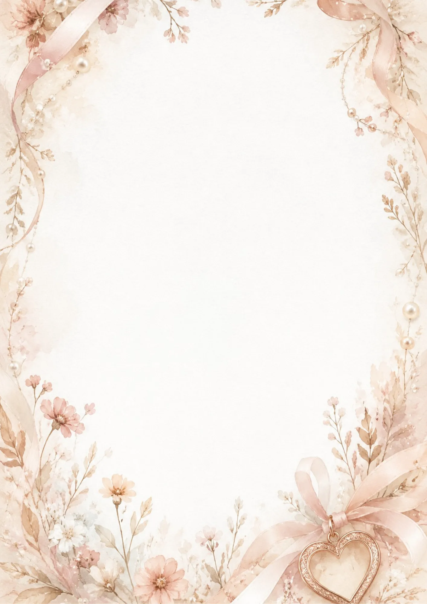 A delicate writing paper page featuring a gold heart-shaped pendant with ornate engraving, bordered by soft pink flowers, pearls, and pink ribbons.