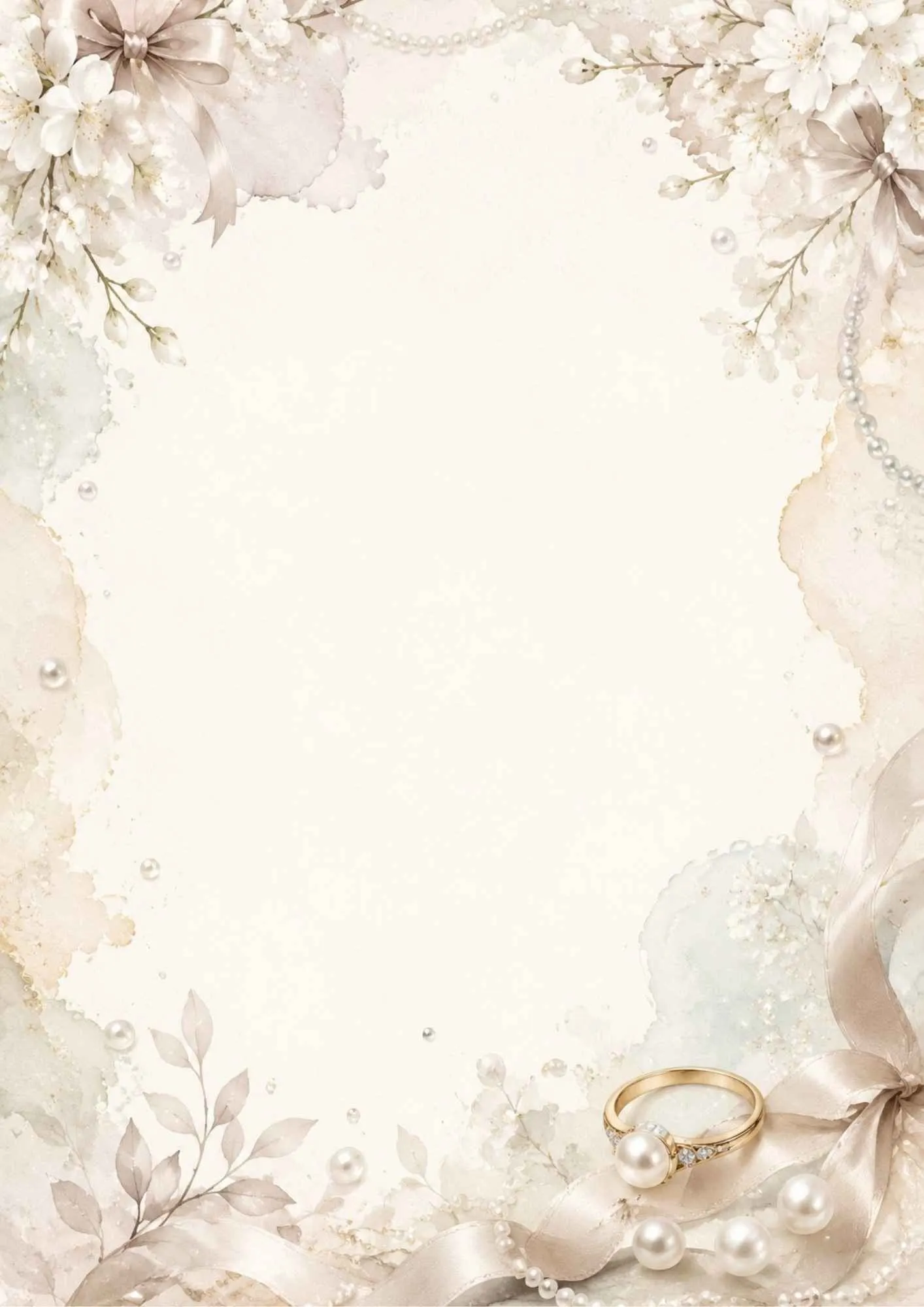 A watercolor writing page depicting a gold pearl ring on a champagne ribbon bow, with white blossoms and scattered pearls.