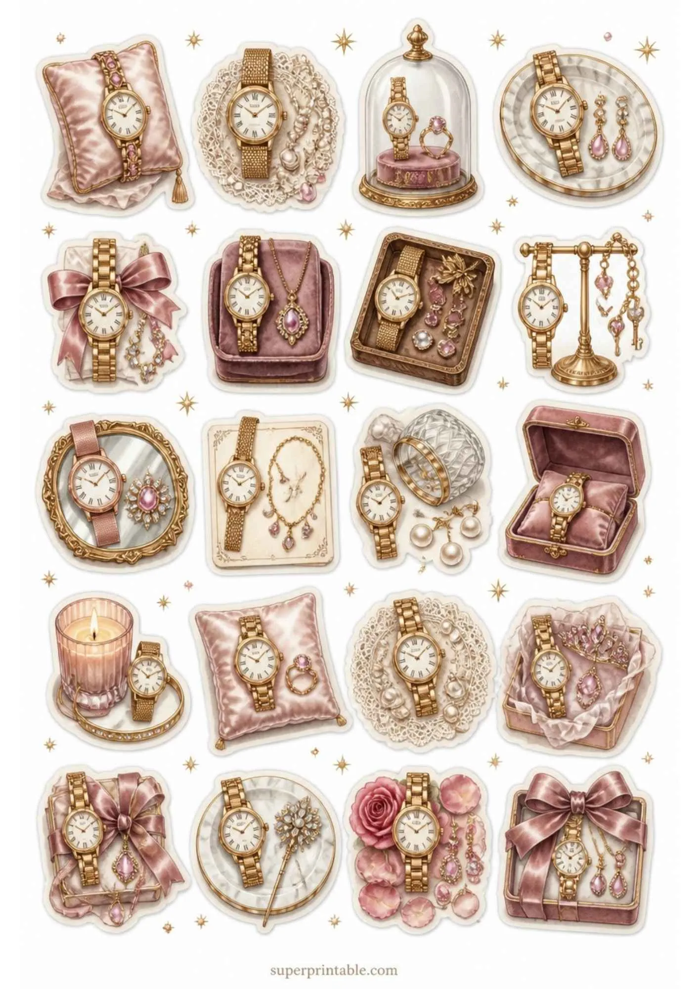 A sheet of printable stickers with gold watches and matching jewelry sets like earrings, necklaces, rings, and crowns.
