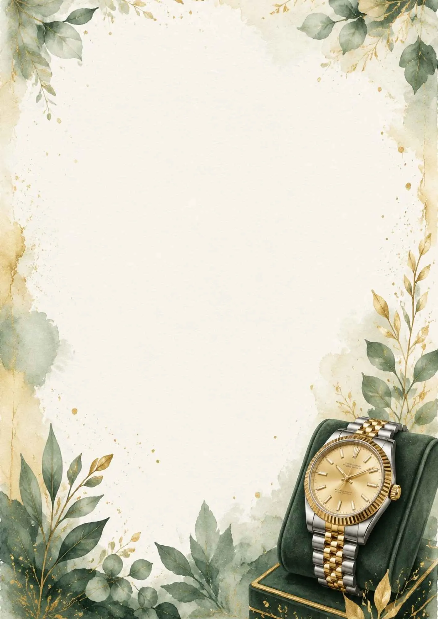 A fashionable writing page showing a gold watch paired with matching earrings, necklace, and rings.
