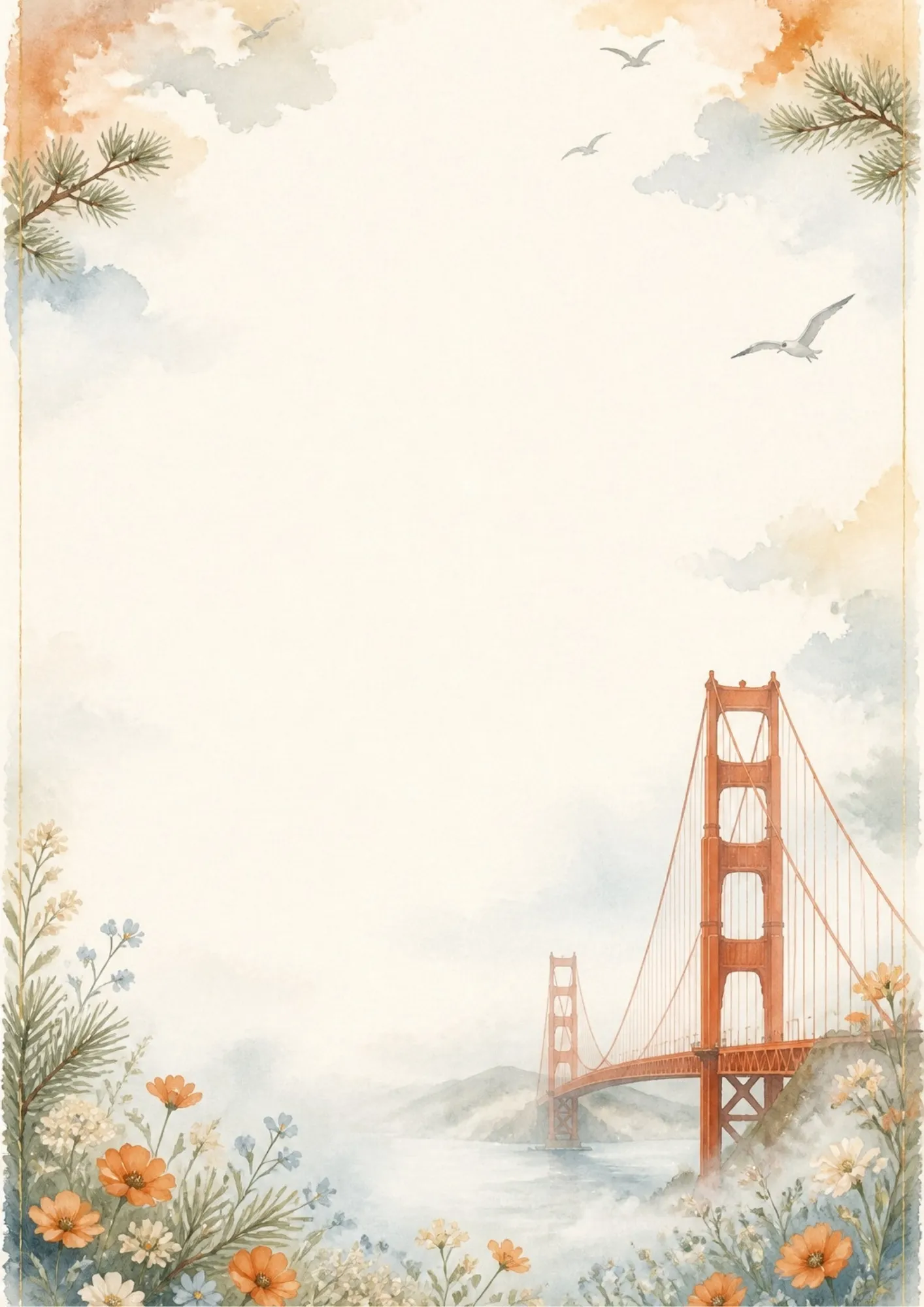 A watercolor writing page featuring the Golden Gate Bridge at sunset with red and orange sky and bay waves.