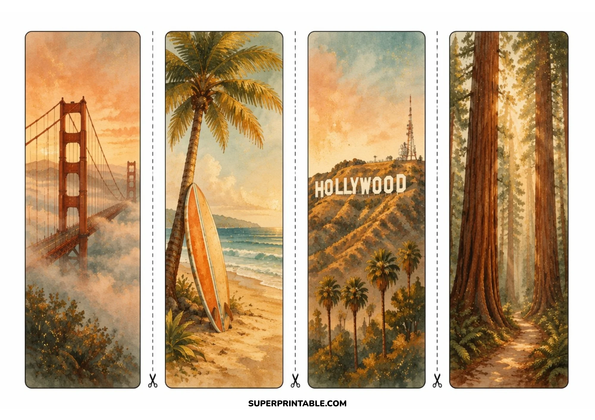 Printable bookmark page featuring four watercolor designs of California landmarks: the Golden Gate Bridge, a beach surfboard under palm trees, the Hollywood sign, and tall redwoods.