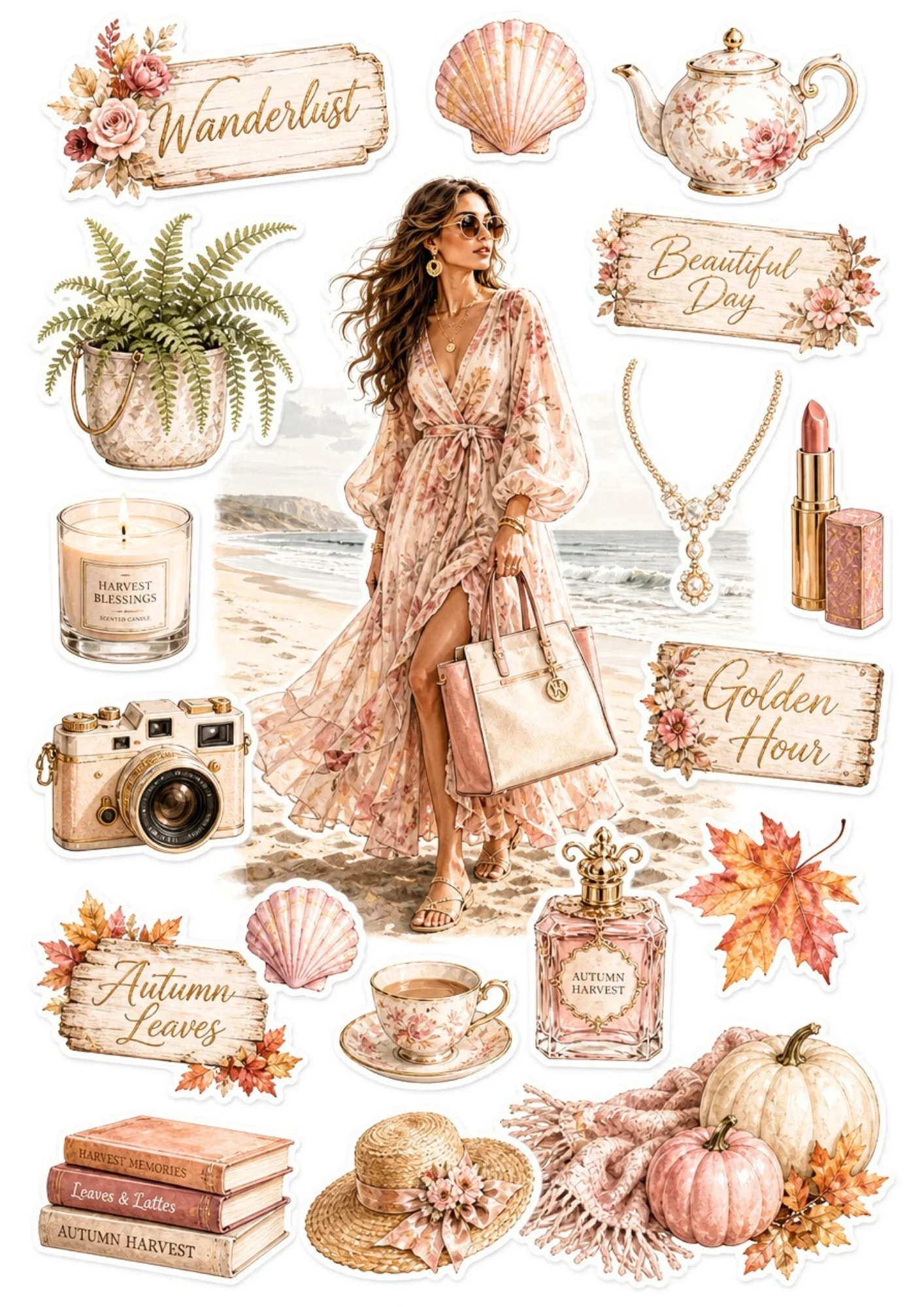 A printable aesthetic sticker sheet of a woman strolling along a beach shoreline, accompanied by vintage cameras, perfume bottles, tea saucers, and straw hats.