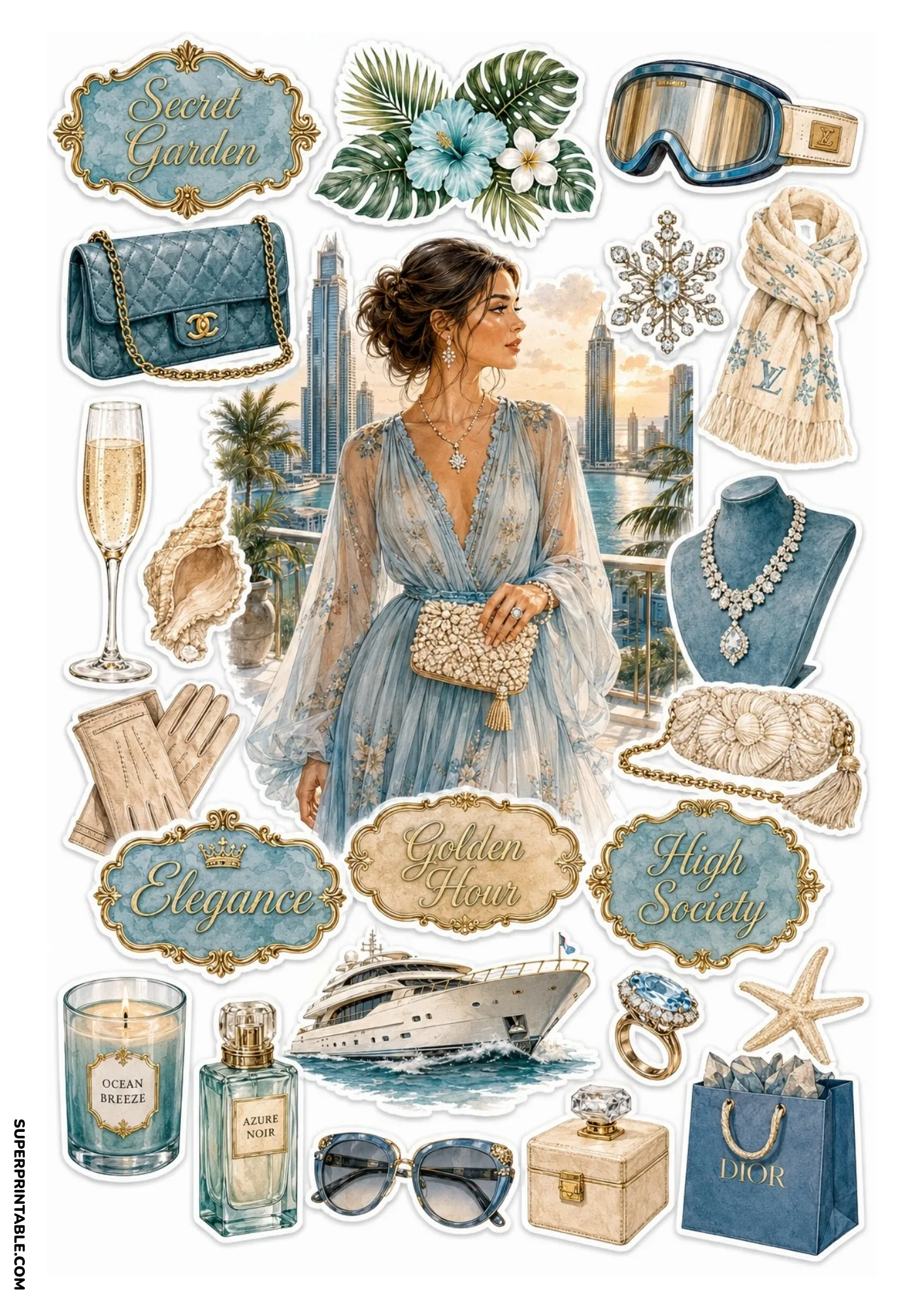 Printable sticker sheet featuring a central woman on a sunset balcony overlooking a marina, surrounded by azure blue stickers including a white superyacht, champagne glass, and elegant gold badges.