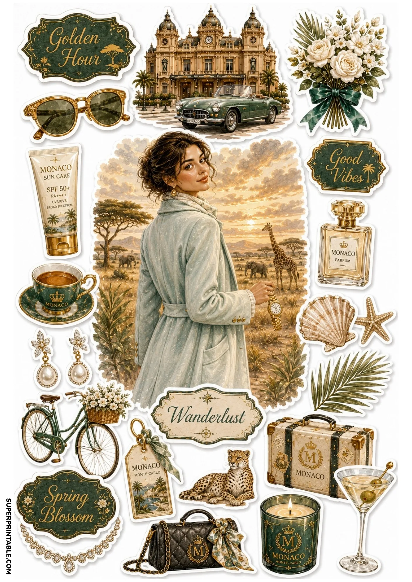 Printable sticker sheet displaying a woman in a golden sunset landscape, Monte Carlo Casino, green suitcase, and safari wildlife motifs.