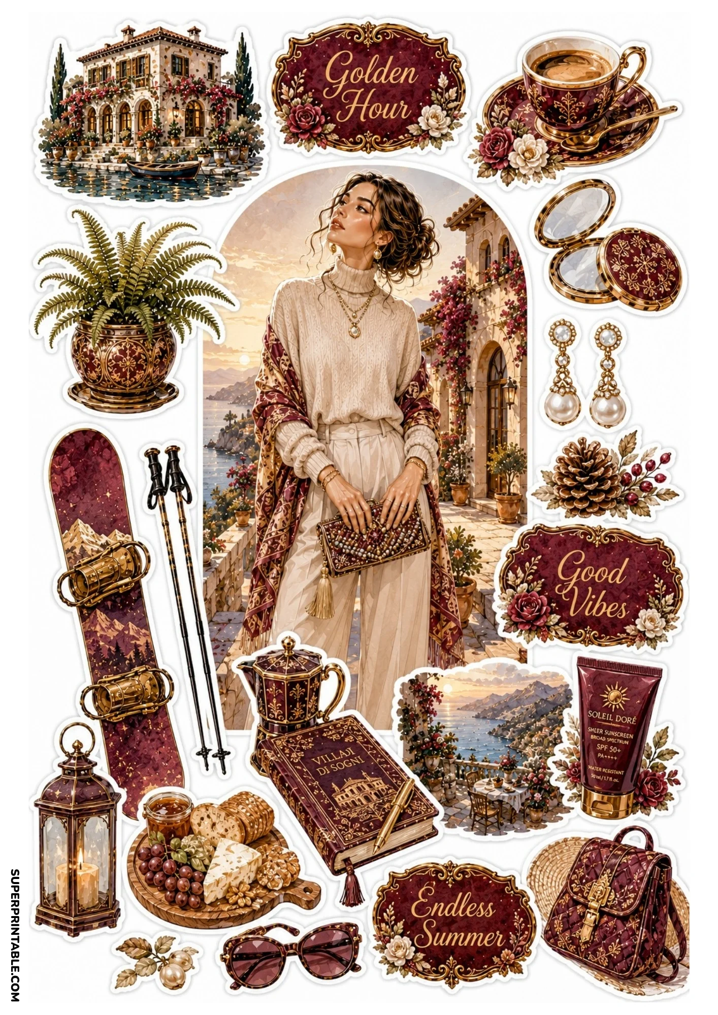 Printable sticker collection featuring a woman in a burgundy shawl on a sunset terrace, potted fern, burgundy journal, mini backpack, and coastal villa view.