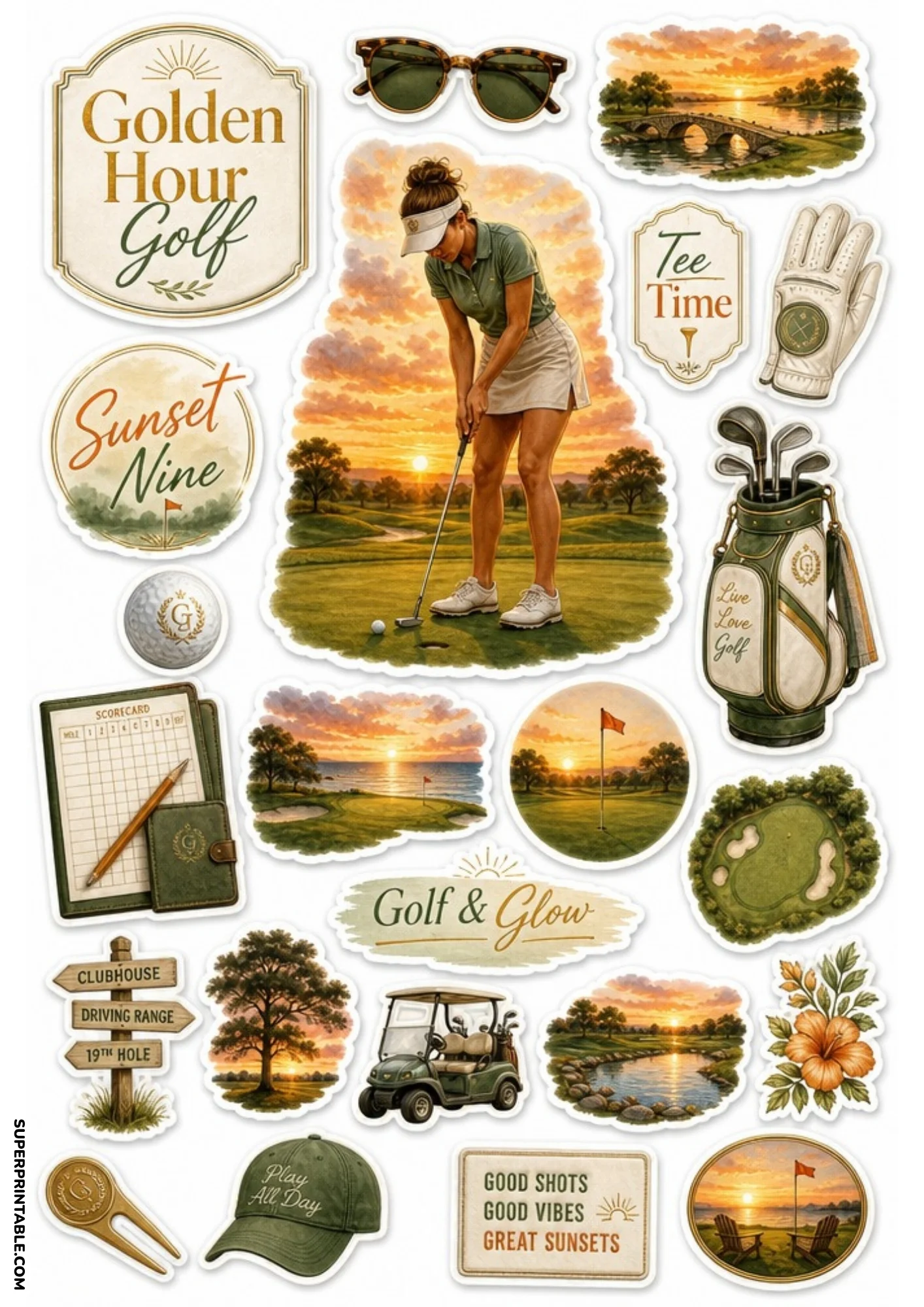 Printable golf sticker sheet featuring female golfer putting at sunset, golf scorecard, cart, green visor hat, sunglasses, and golden hour golf badges.
