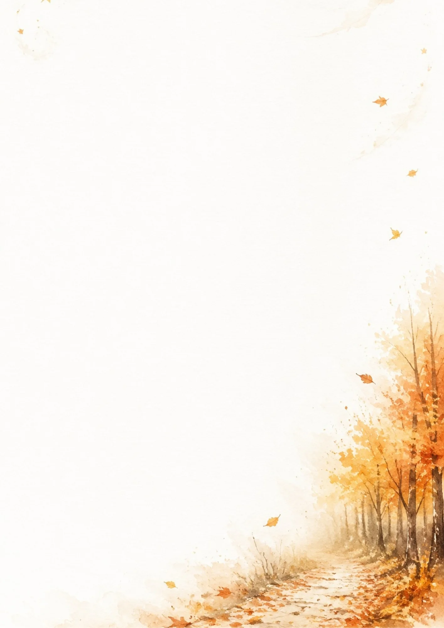 Watercolor painting of a path in an autumn forest in Poland with birch trees and fallen golden leaves on the bottom right of a blank sheet.
