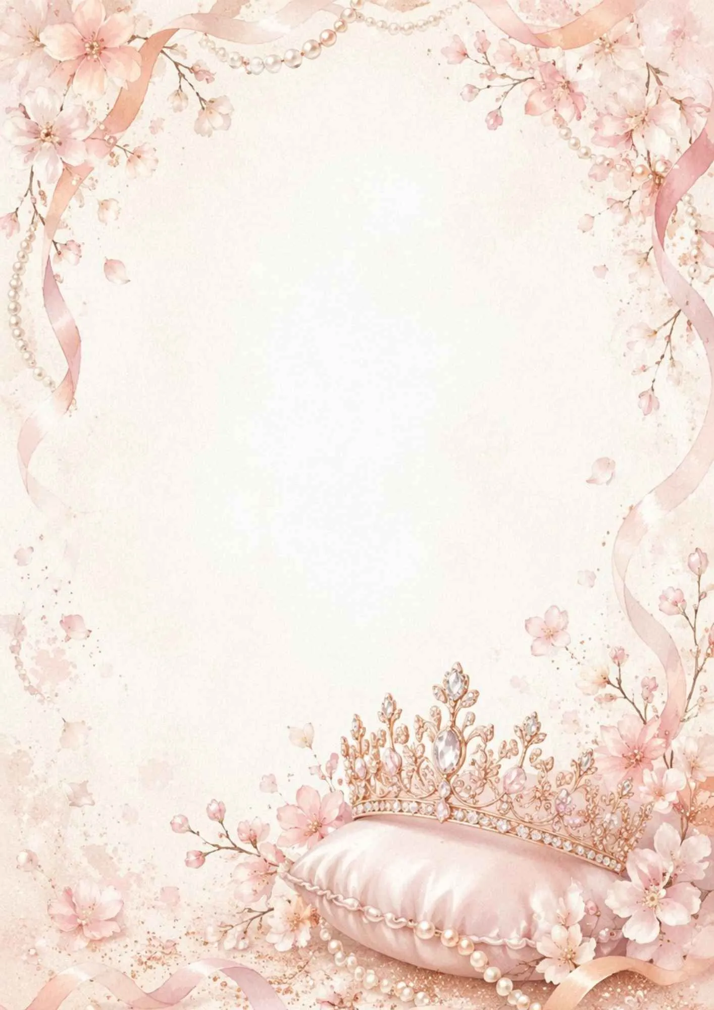 A majestic writing page featuring a golden royal tiara set with diamonds, resting on a velvet pillow with golden scrolls.