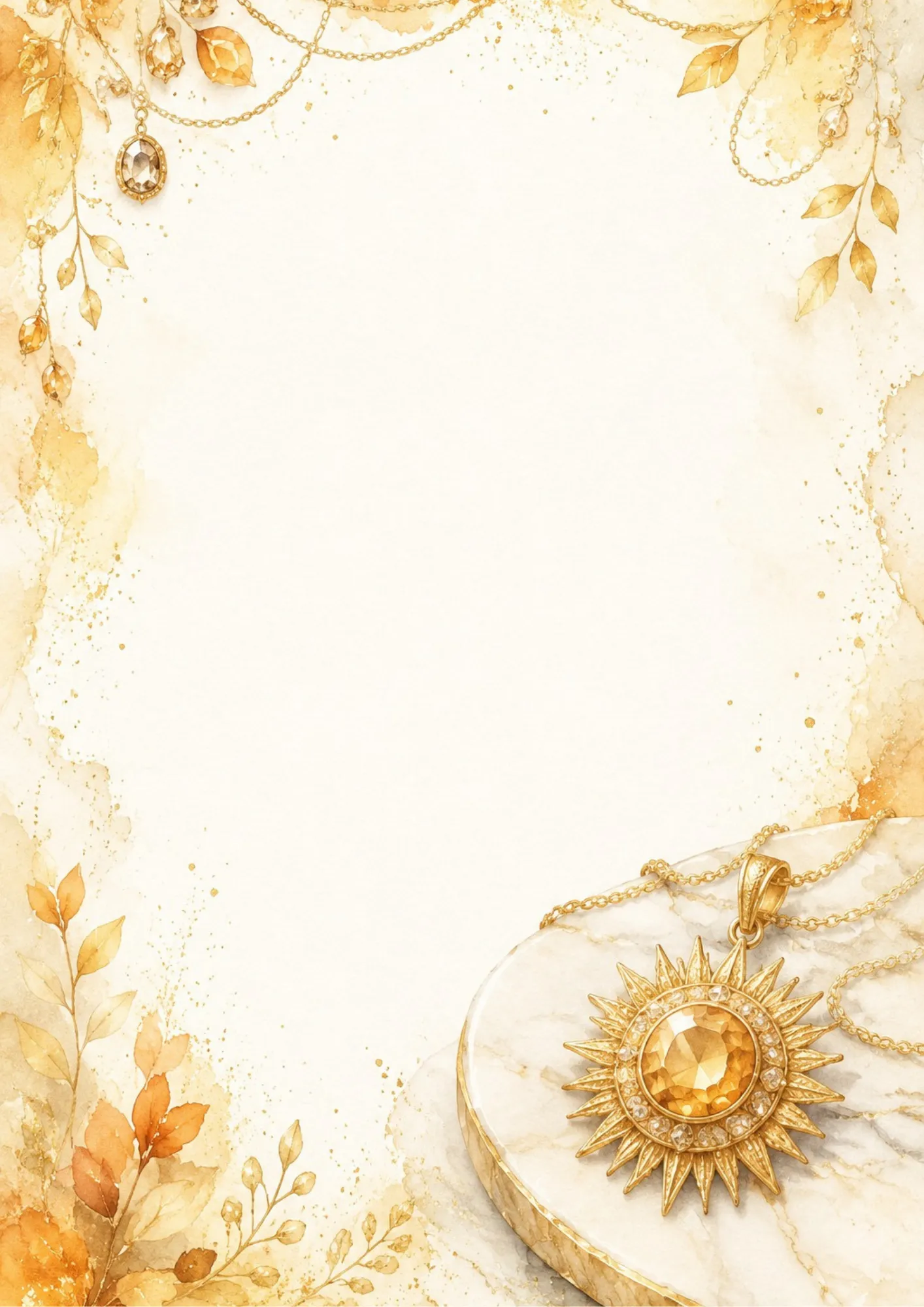 An elegant stationery page with a golden sunburst pendant featuring an amber crystal in the center, resting on a marble stand with gold leaf borders.