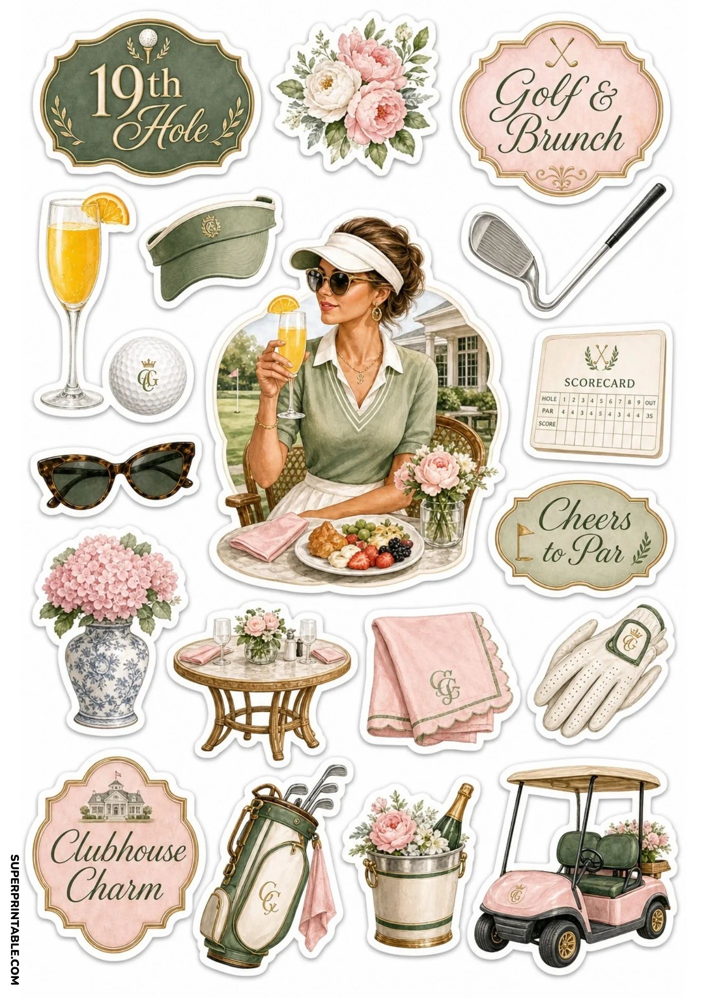Printable sticker collection featuring woman golfer drinking mimosa at brunch patio table, pink peonies, pink golf cart, 19th hole sign, and champagne bucket.