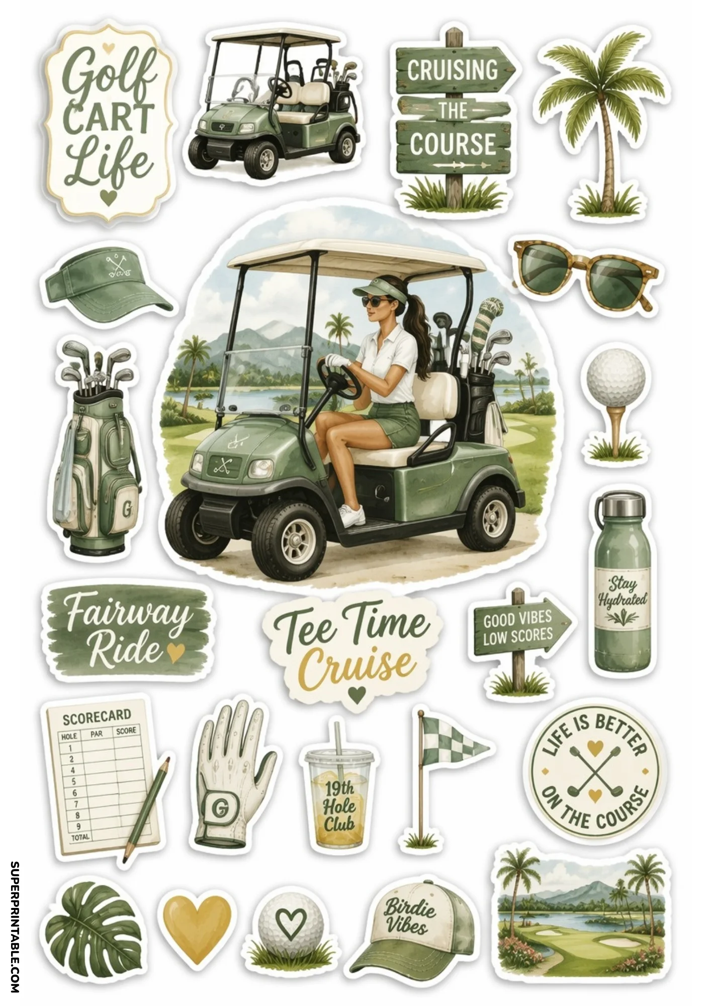 Printable sticker page showing woman driving green golf cart at tropical resort, palm tree landscape, scorecard, green water bottle, and birdie vibes cap.