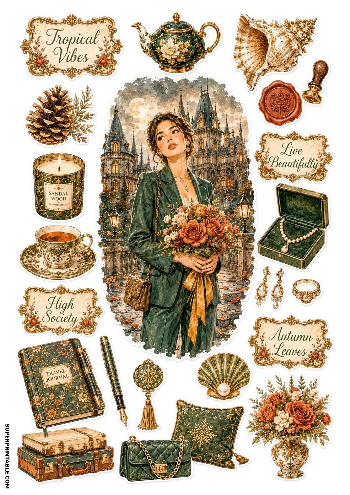 Printable sticker sheet displaying a woman in a green trouser suit holding autumn roses outside a gothic castle, with wax seal and conch shell.
