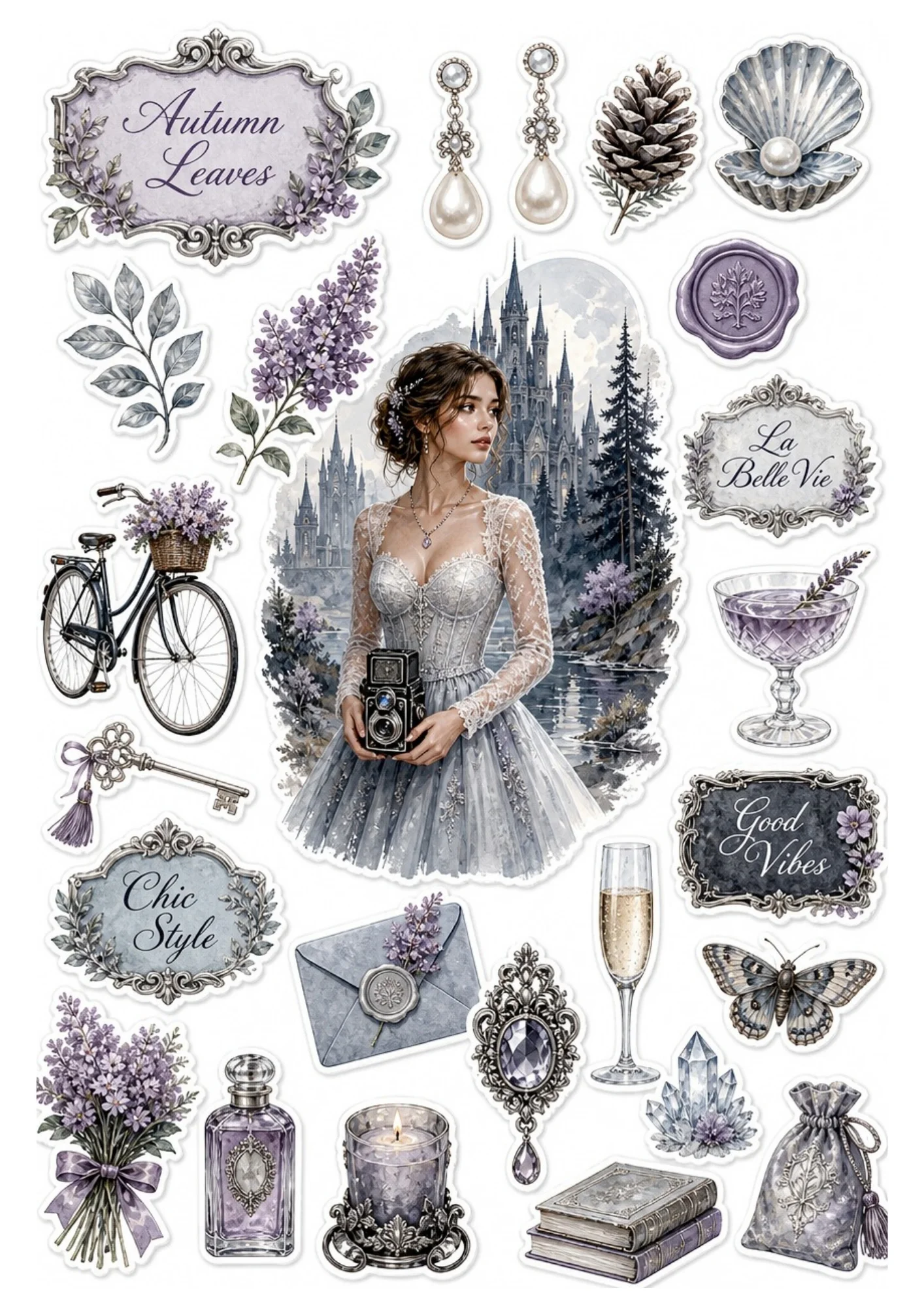 Sticker sheet displaying a woman in a corset gown before castle spires.