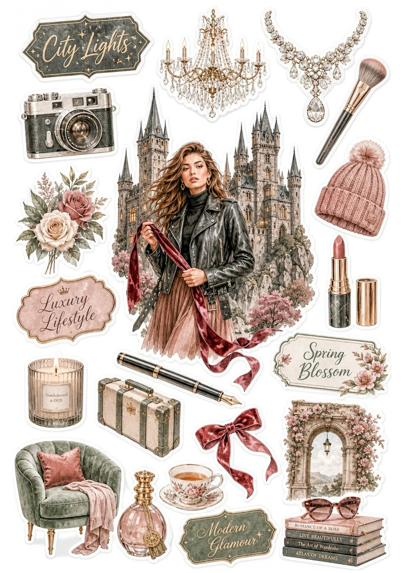 Printable sticker sheet centered on a woman holding a burgundy ribbon by a spired castle, rangefinder camera, green armchair, and sandalwood candle.