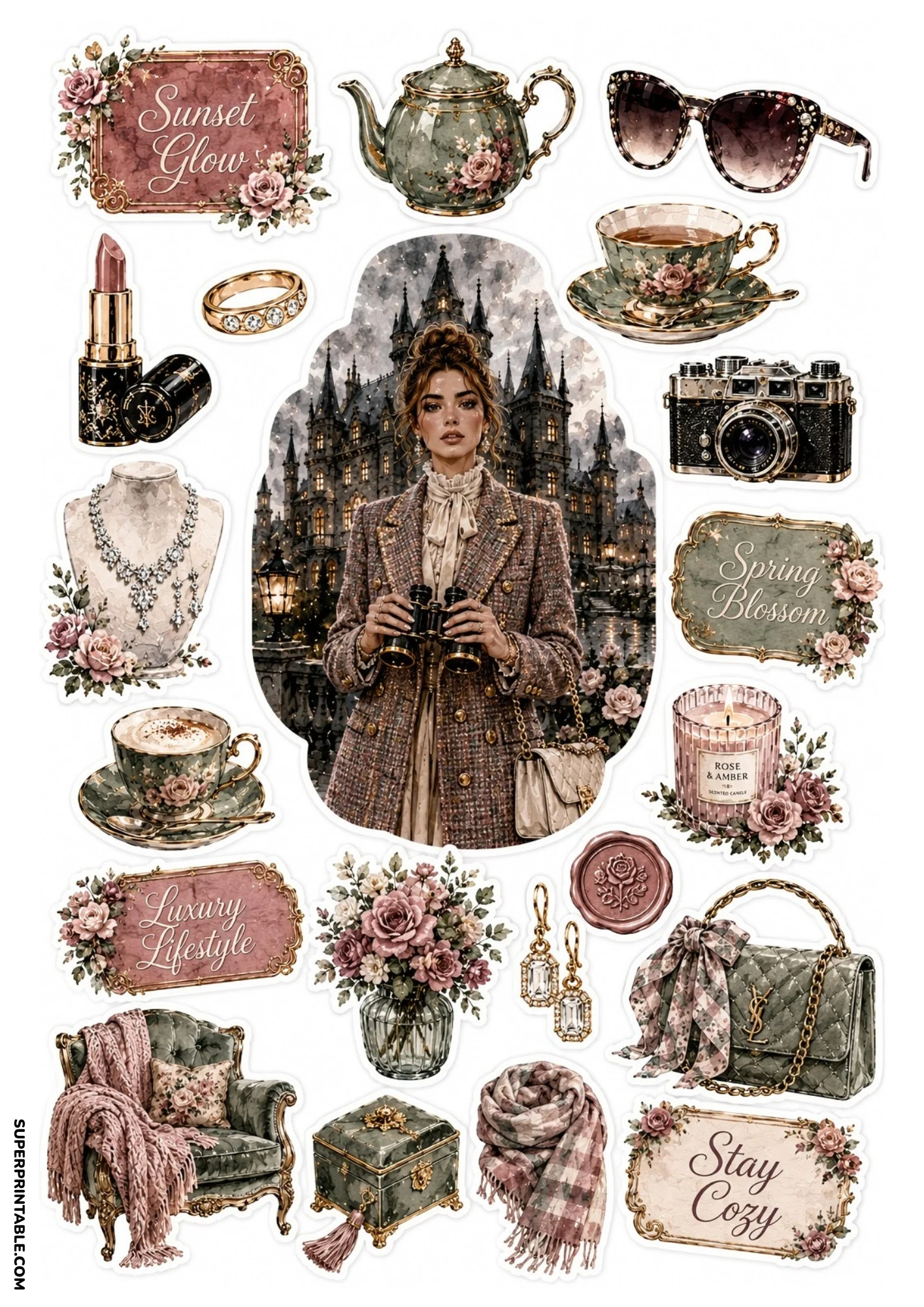 Printable sticker sheet depicting a woman with binoculars near a gothic castle, paired with tweed coat elements, rose tea set, vintage camera, and quilted handbag.
