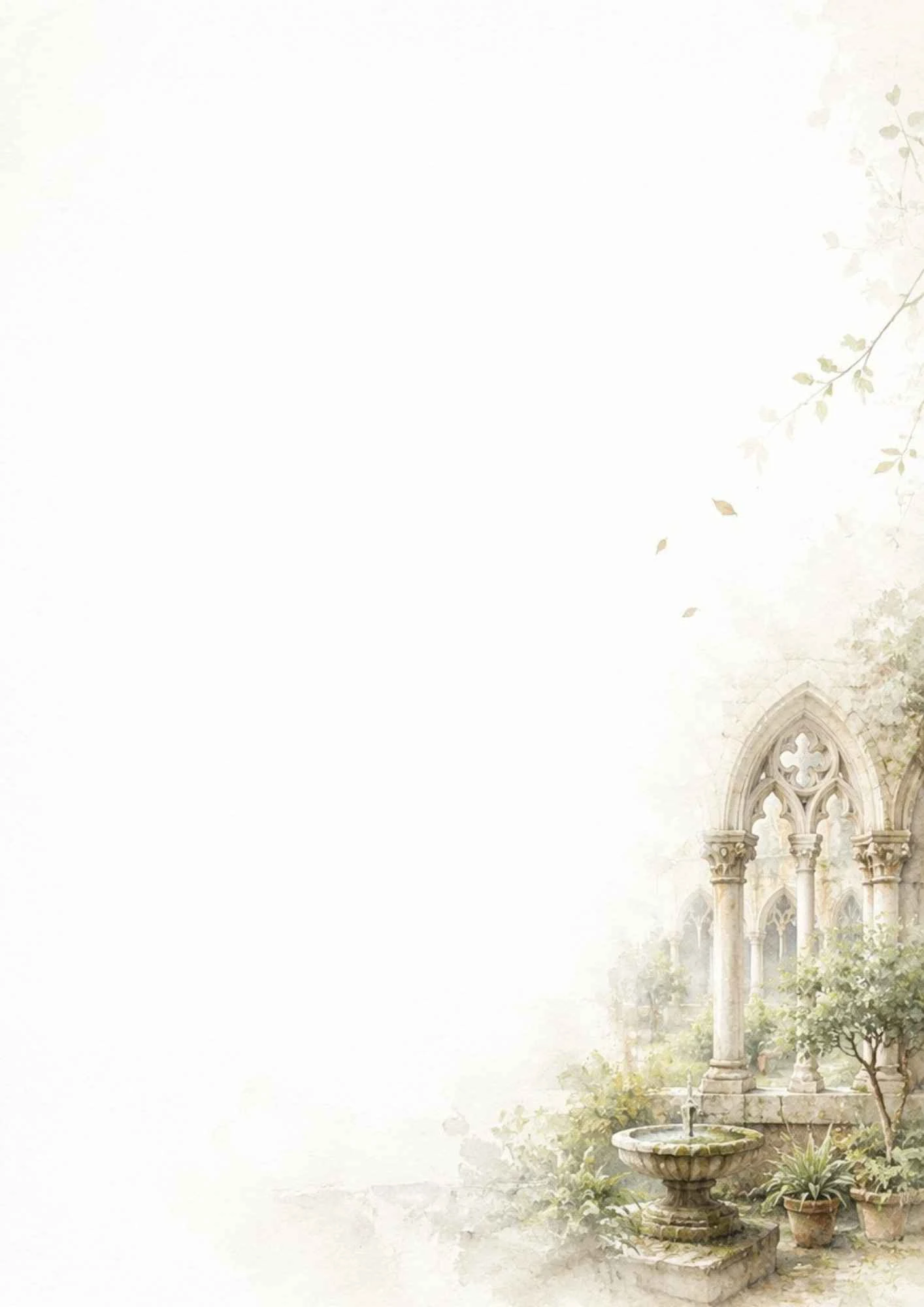 A watercolor painting of a gothic stone archway overlooking a green garden courtyard with a stone fountain basin.