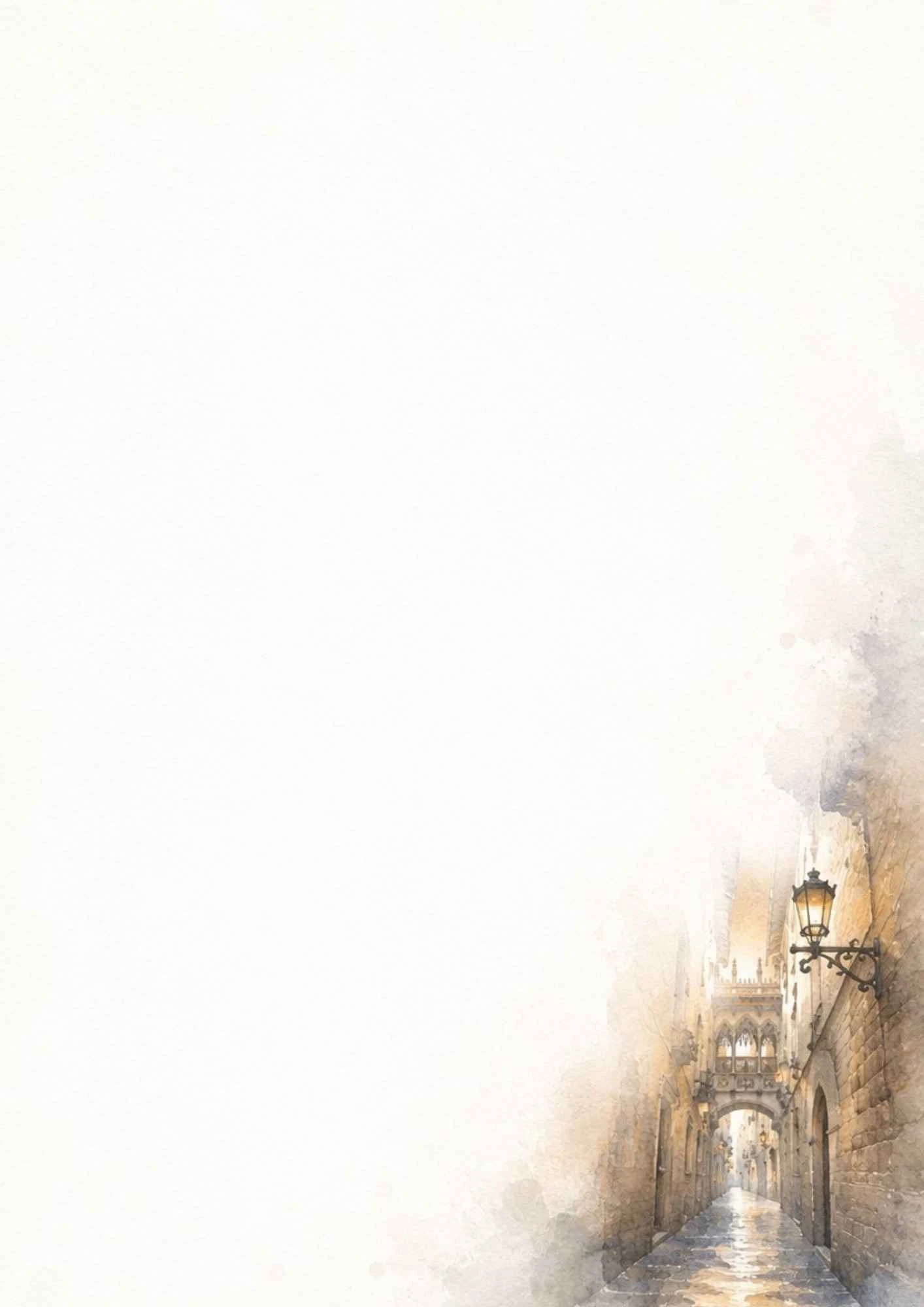 A watercolor depiction of the gothic stone bridge over a narrow street in the Barri Gotic with a street lamp on the wall.