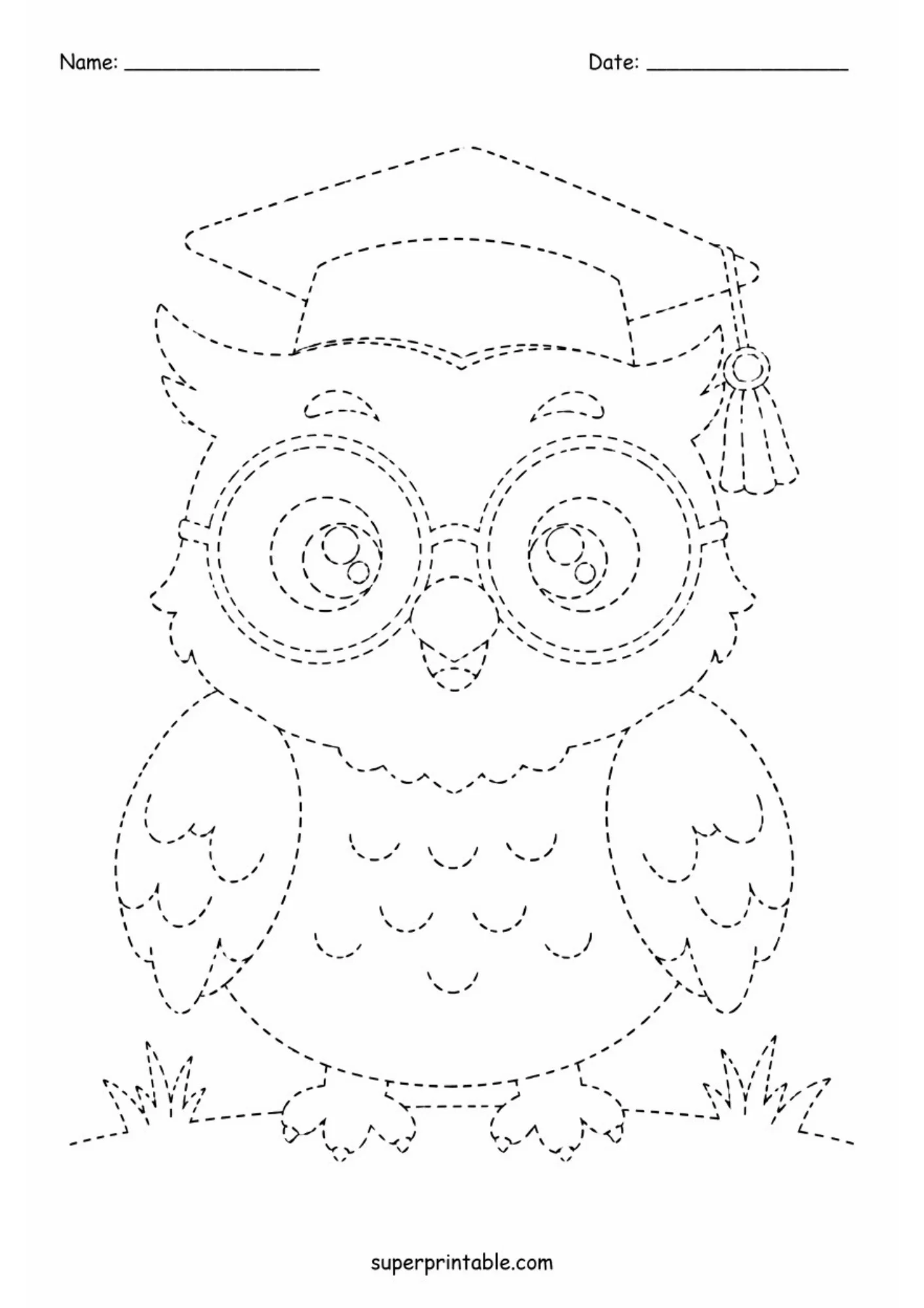 Dashed line tracing sheet showing a wise owl wearing a graduation cap with tassel and round spectacles, standing outdoors on small grass patches.