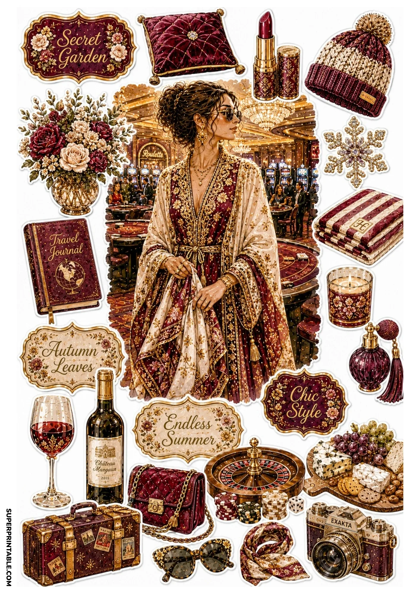 Printable sticker sheet with a woman in a burgundy dress inside a casino surrounded by deep red luxury stickers.