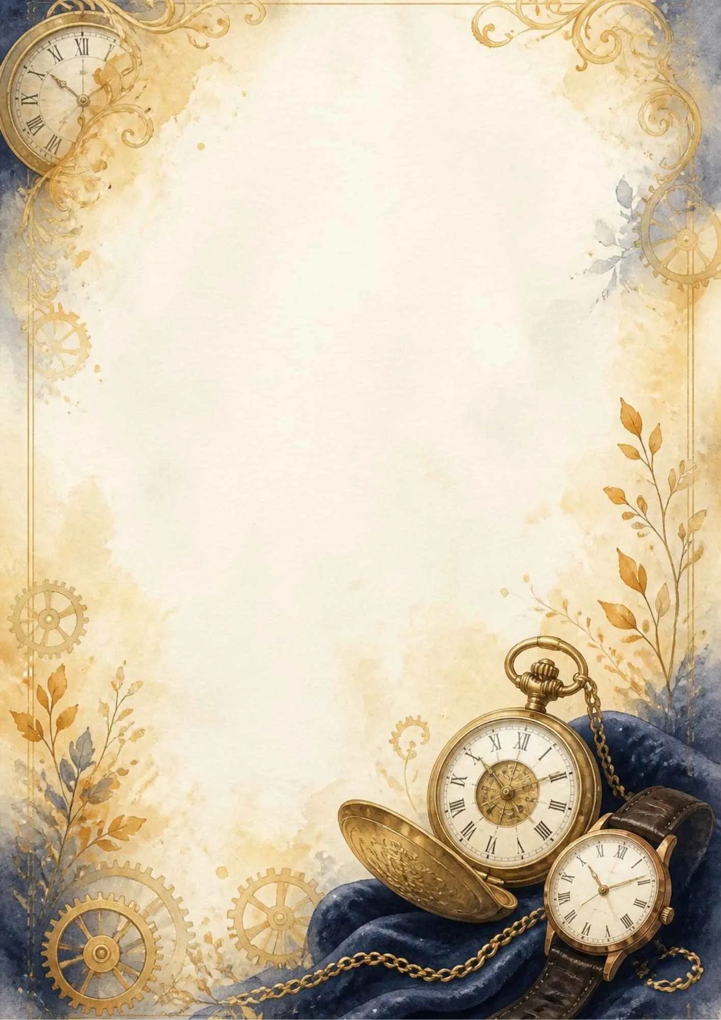 A classic writing page with a vintage grandfather clock, pocket watch, and gold chains on wood.