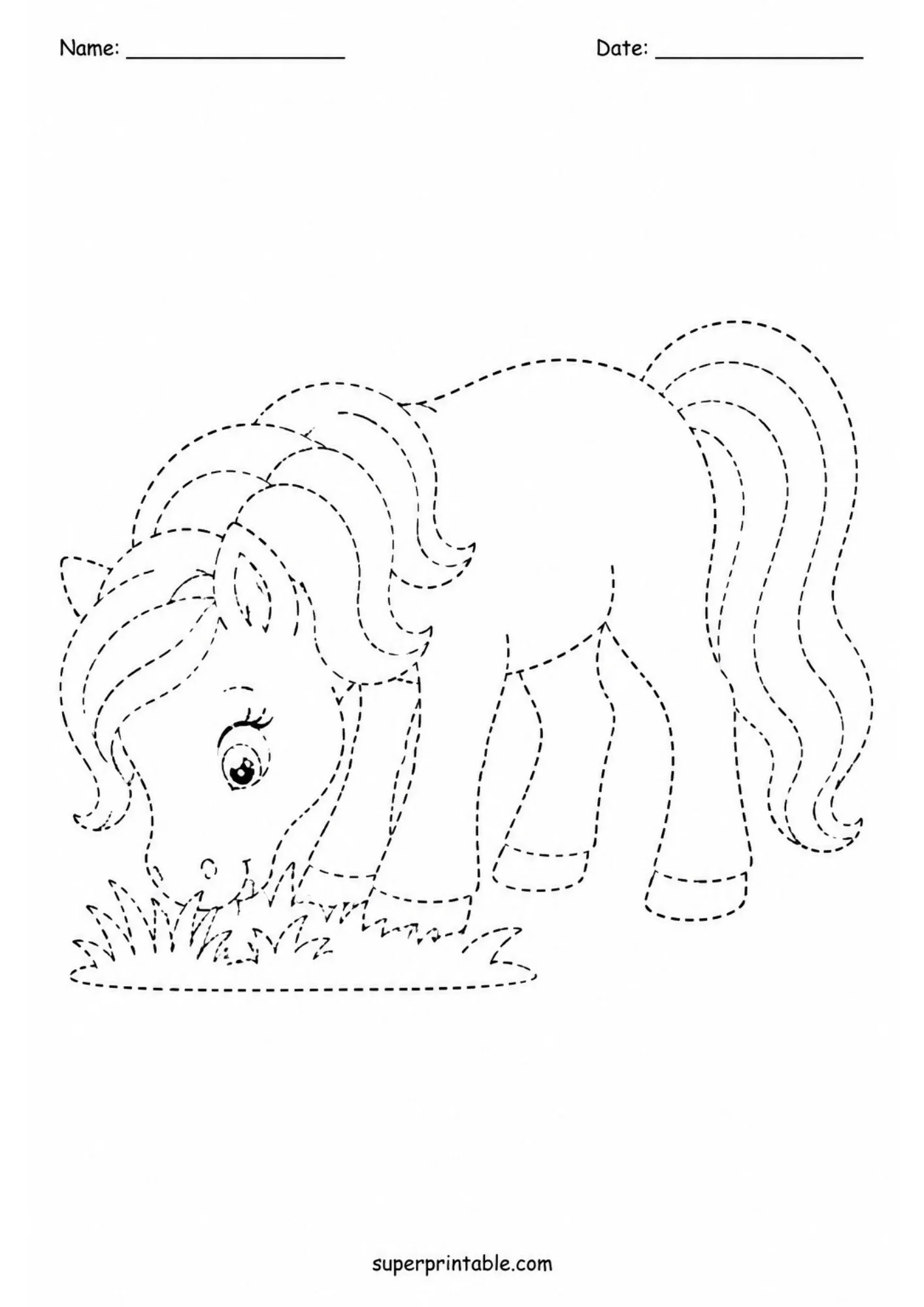 Printable activity worksheet showing a cartoon pony leaning down to graze on grass, outlined completely with black dotted tracing lines.