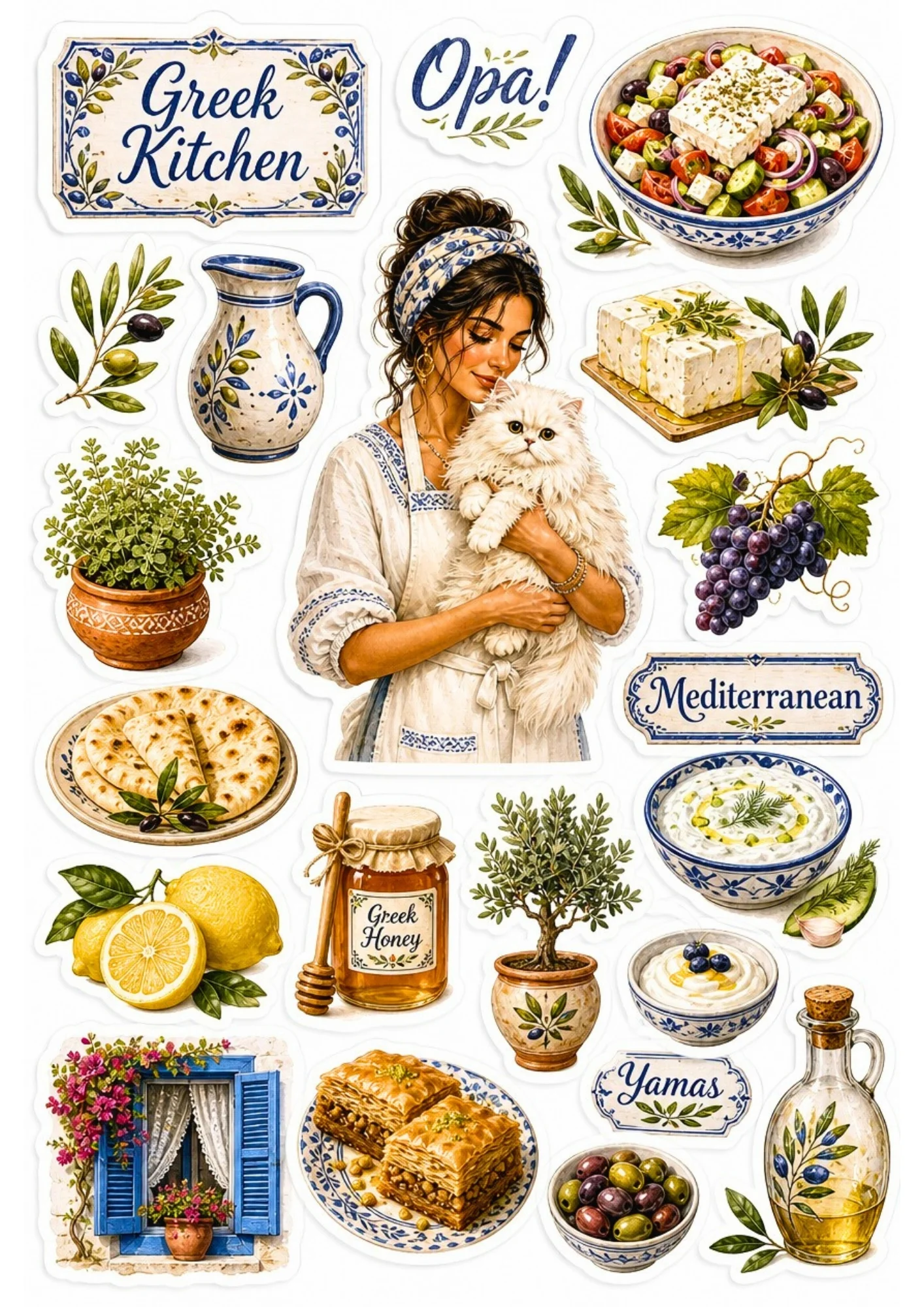 A girl preparing a Mediterranean salad with her white cat in a Greek-style kitchen. Surrounding stickers include feta cheese, Kalamata olives, fresh lemons, pita bread, and text saying 'Greek Kitchen' and 'Mediterranean Flavors'.