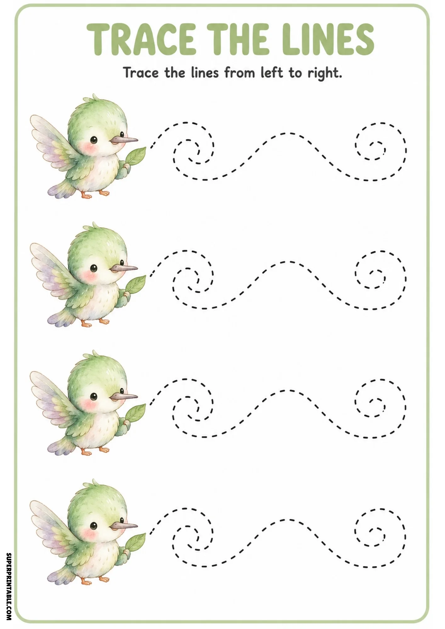 Green watercolor bird line tracing worksheet with swirly wave and spiral dashed lines.