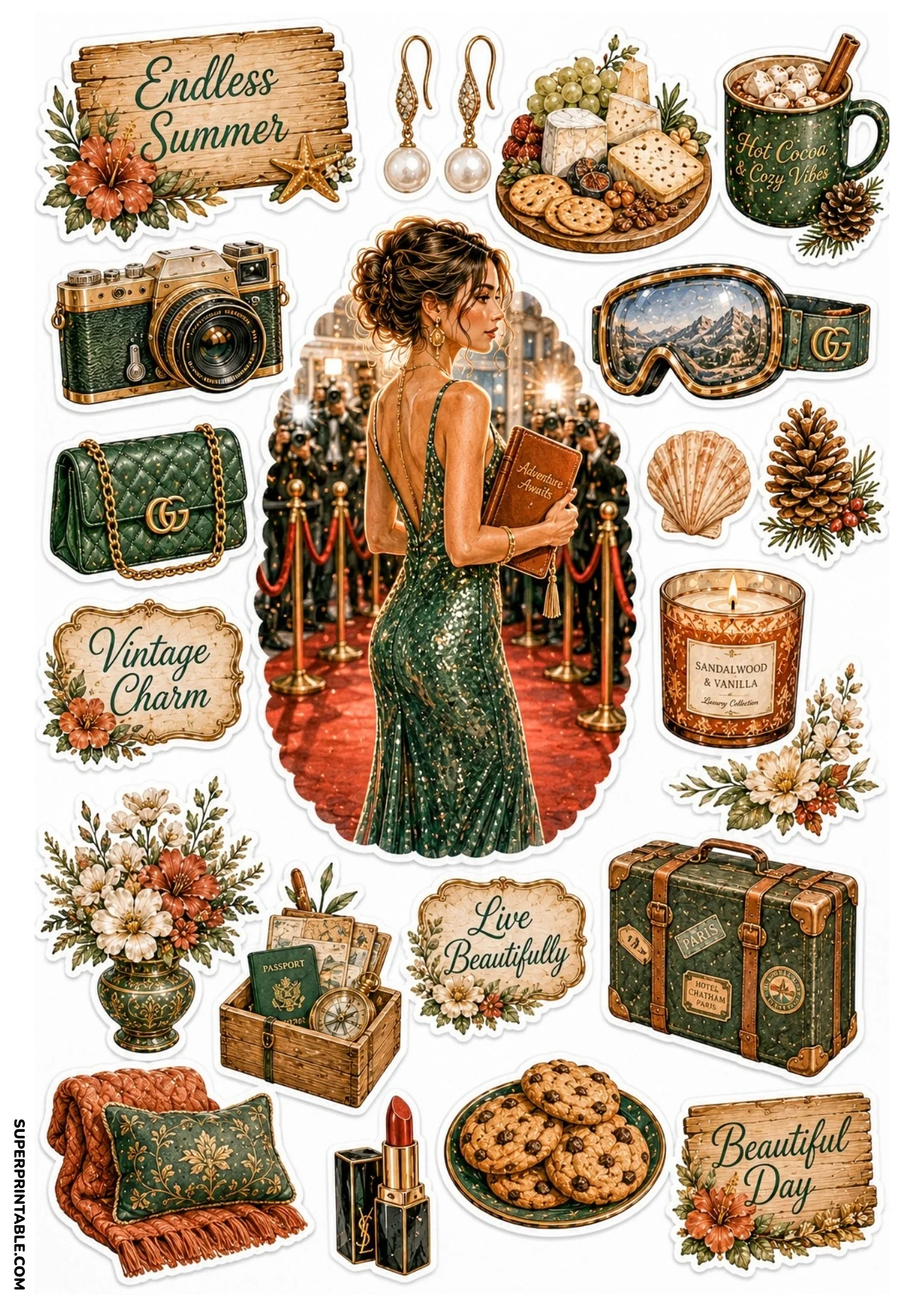 Printable sticker sheet featuring a woman in a sparkling green gown on a red carpet, encircled by a hot cocoa mug, plate of cookies, vintage green suitcase, camera, and floral decorations.
