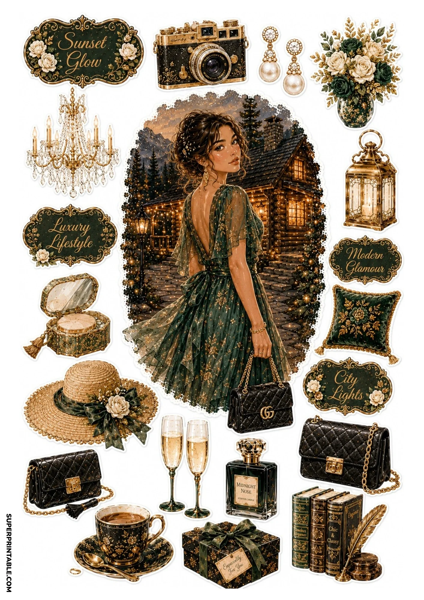 Printable sticker sheet centered on a woman in a green glitter dress outside a illuminated log cabin, with black Gucci handbag, books, and champagne flutes.