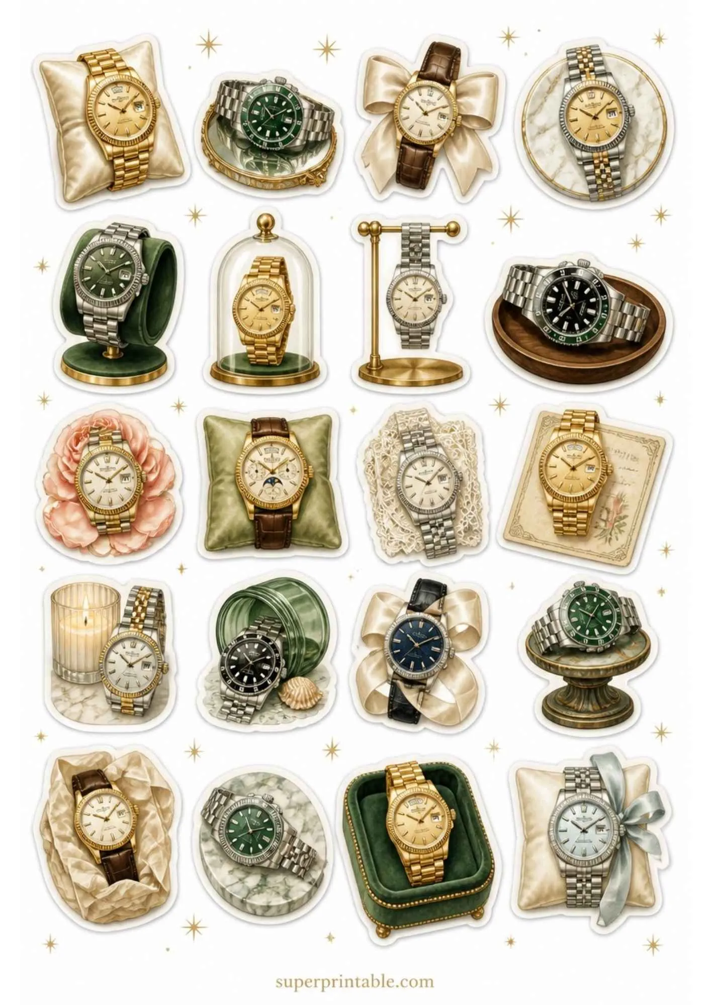 A printable sticker sheet highlighting luxury gold watches with green faces, silver bracelets, and gold bezels on cushions.