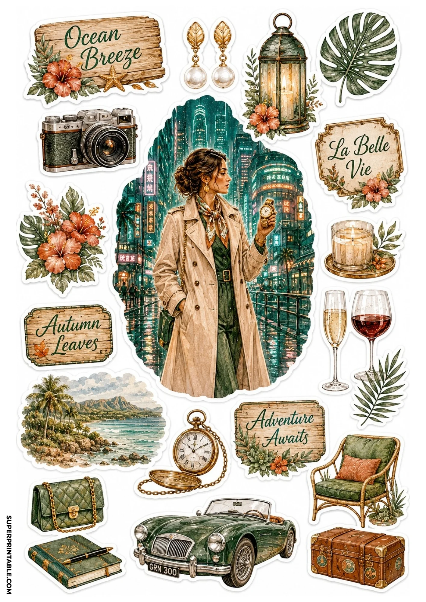 Printable sticker sheet featuring a woman in a trench coat against illuminated city street lights, framed by a vintage green convertible car, leather trunk, emerald purse, lantern, and wooden signs.
