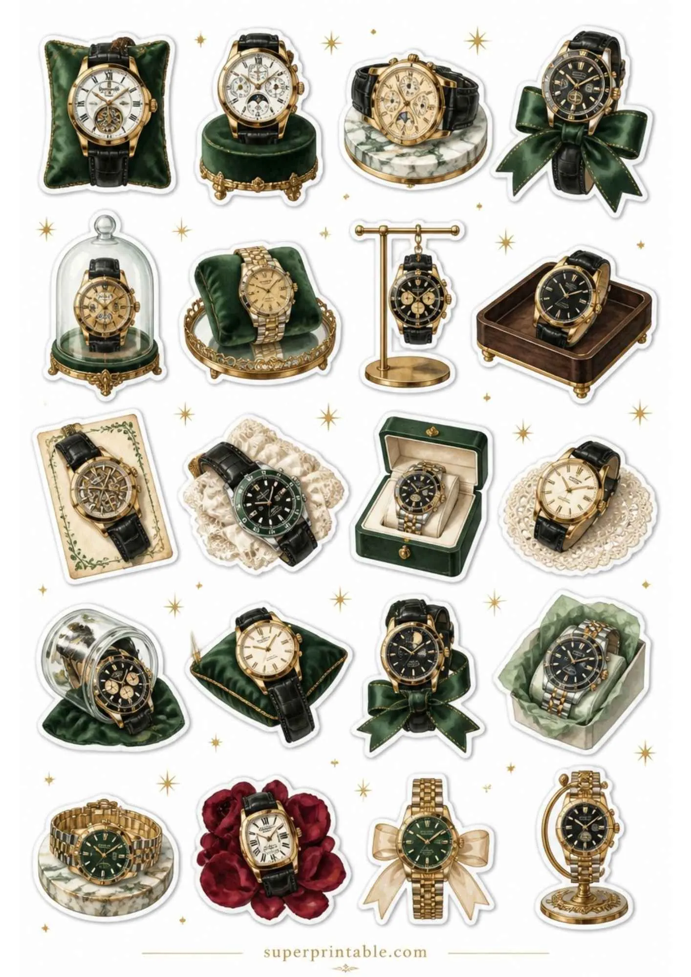 A sheet of printable stickers featuring prestige gold watches, green dials, deep green velvet cushions, and green bows.