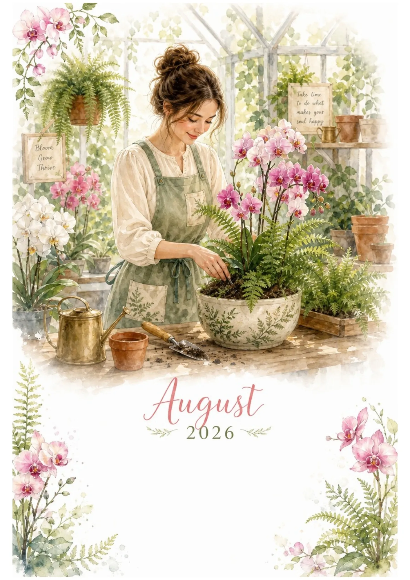 Watercolor scene of a woman planting pink orchids in a greenhouse, with gardening tools and pots, with the text August 2026 and a blank note space.