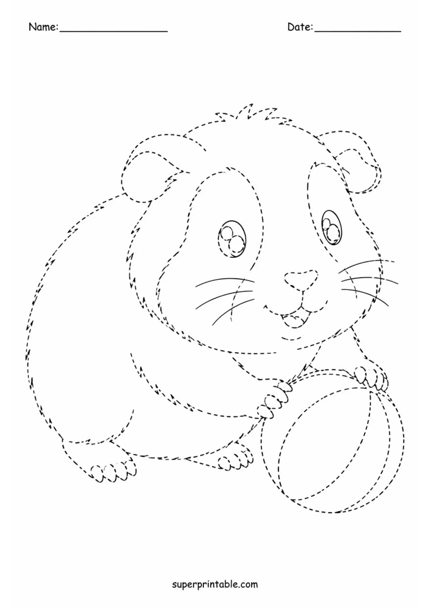 Black line art tracing activity sheet featuring a cheerful guinea pig holding a round toy ball with front paws, dashed line outlines, and top name and date header lines.