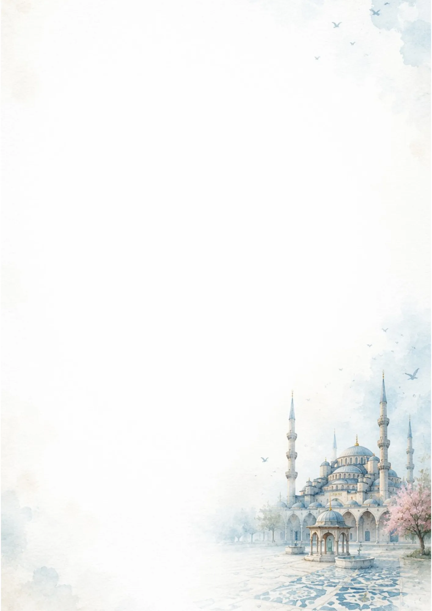 A watercolor border writing page depicting the historic Hagia Sophia with its majestic domes and minarets framed by pink tulip details and birds flying in a soft blue sky.