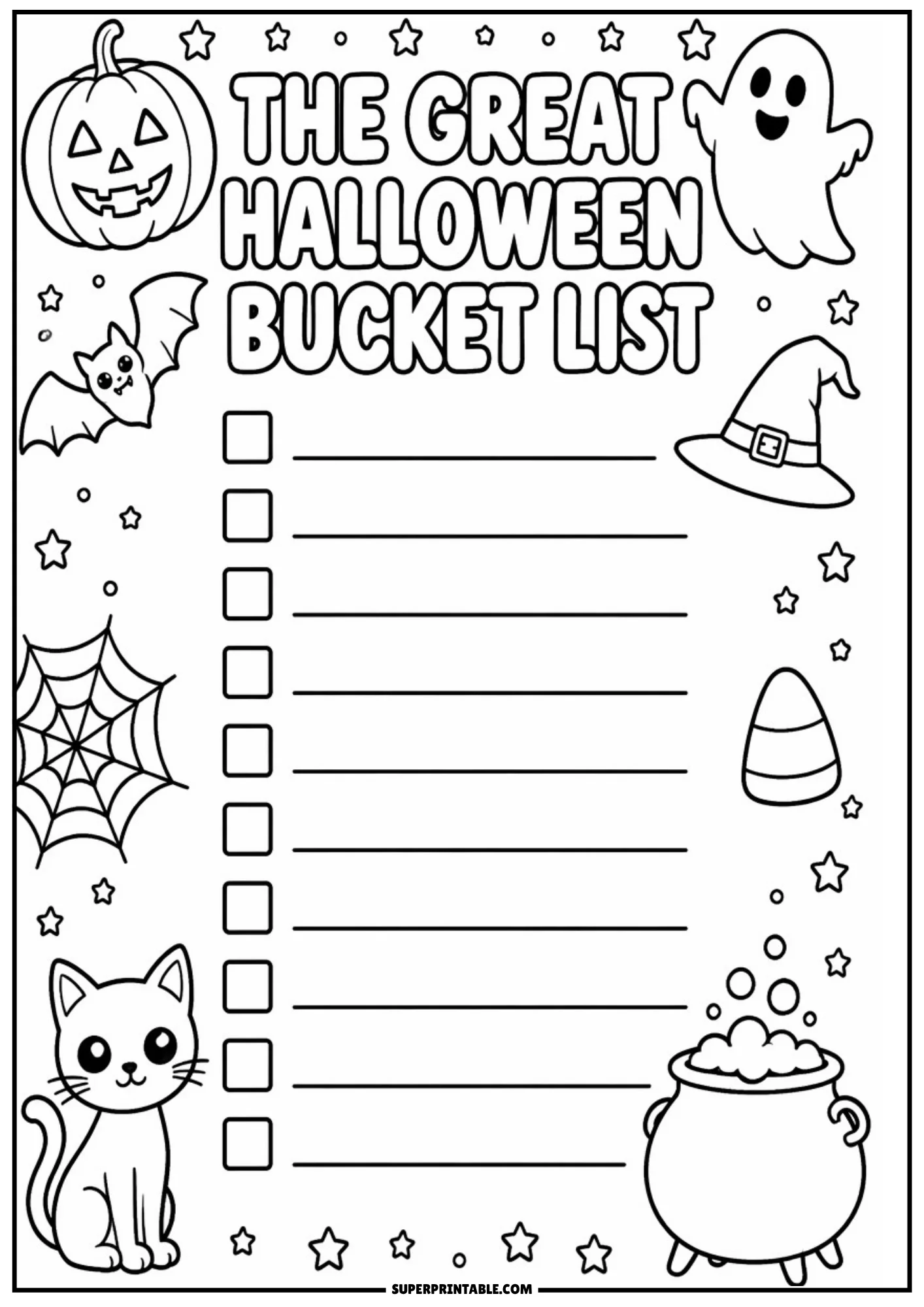 Printable Halloween bucket list page with blank checklist lines, a carved jack-o-lantern, floating ghost, flying bat, spider web, black cat, and bubbling cauldron.