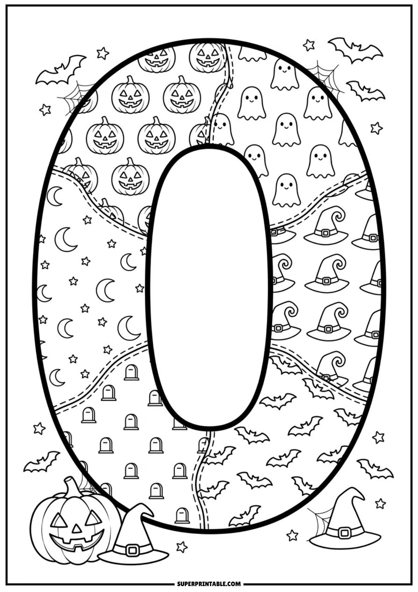 A large number zero divided into patchwork patterns including pumpkins, ghosts, crescent moons, witch hats, tombstones, and bats, with a pumpkin and witch hats outside the number.