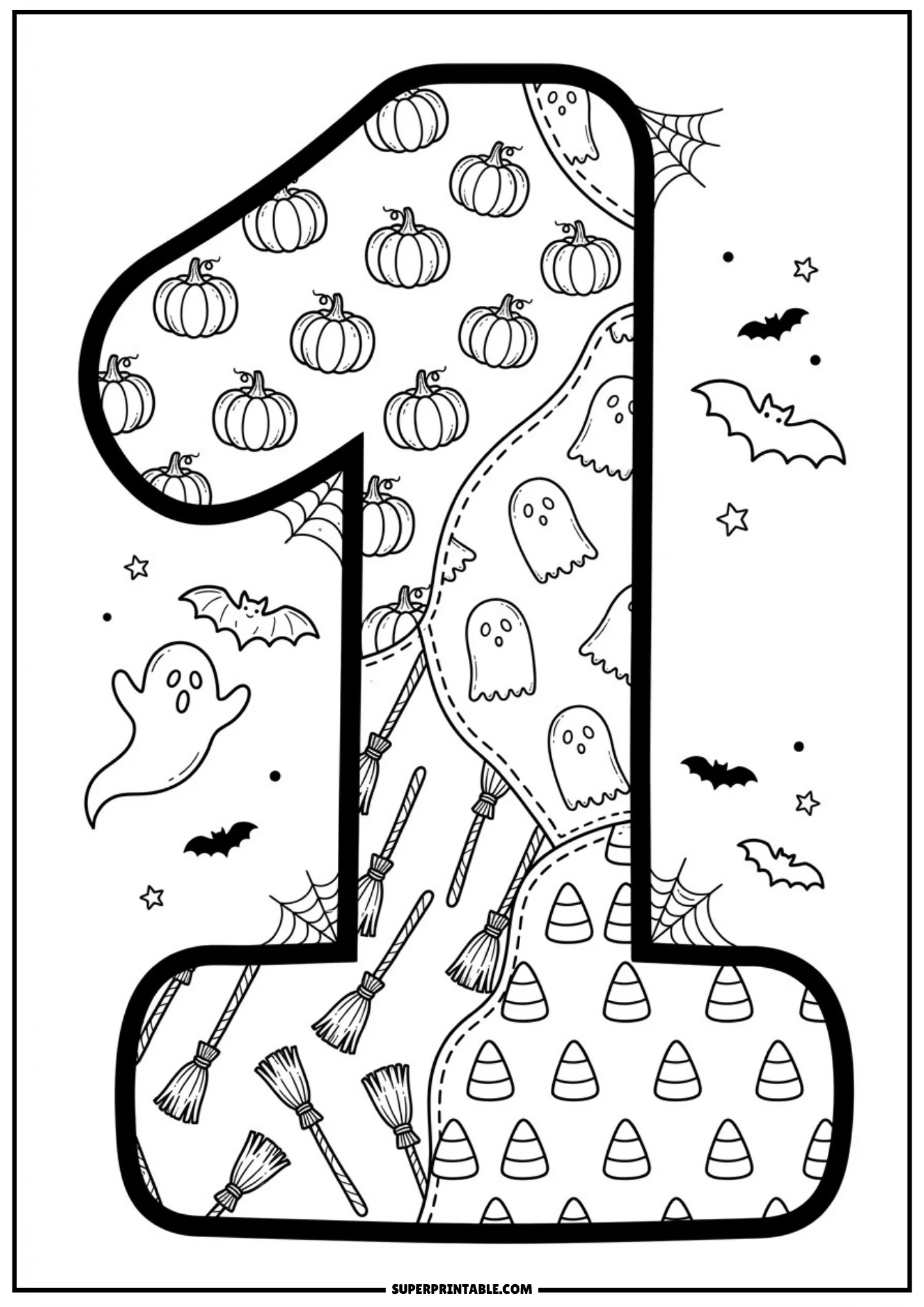 A large number one featuring patchwork segments of pumpkins, ghosts, candy corn, and broomsticks, with floating ghosts and bats in the background.