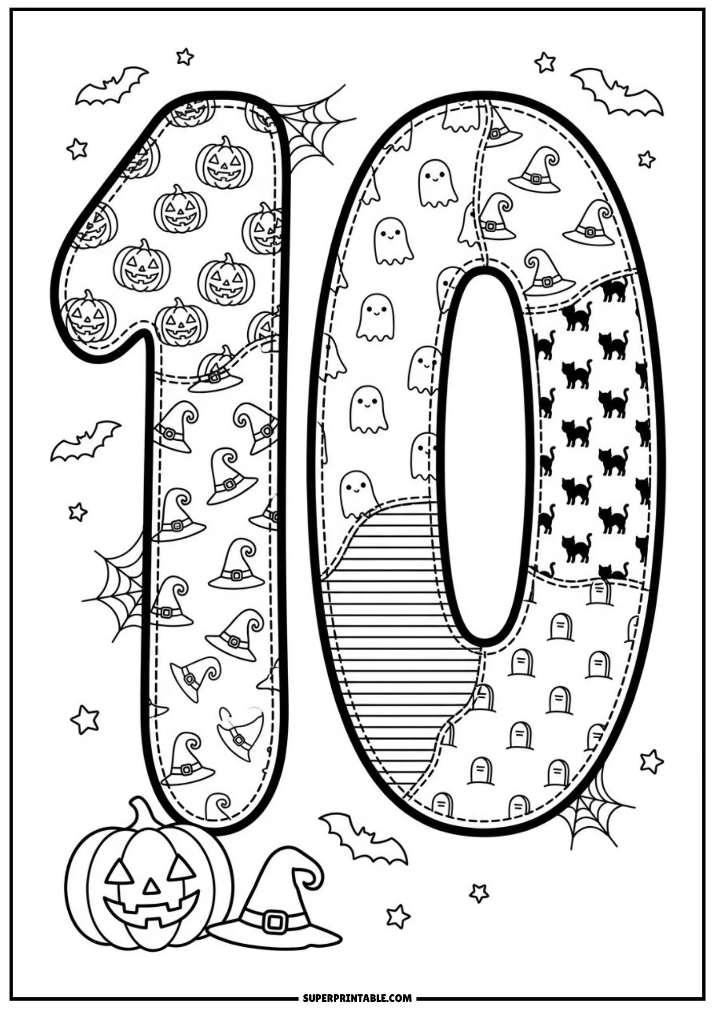 A large number ten with patchwork sections on both digits featuring pumpkins, witch hats, ghosts, stripes, black cats, and tombstones.
